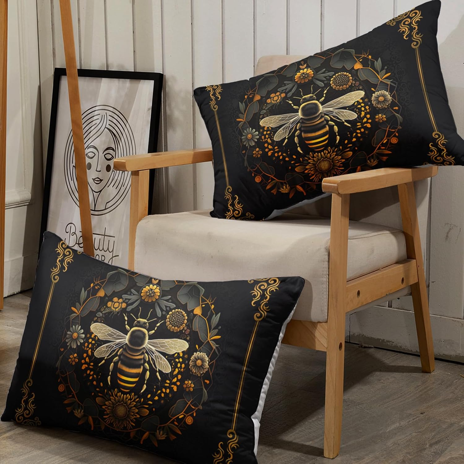 AILONEN Bohemian Bee Fitted Sheet Set Full Size,Black and Gold Luxury Bedding Set for Kids Teens Girls,3-Piece Boho Sunflower Floral Bed Sheet with 2 Pillowcases image number 2