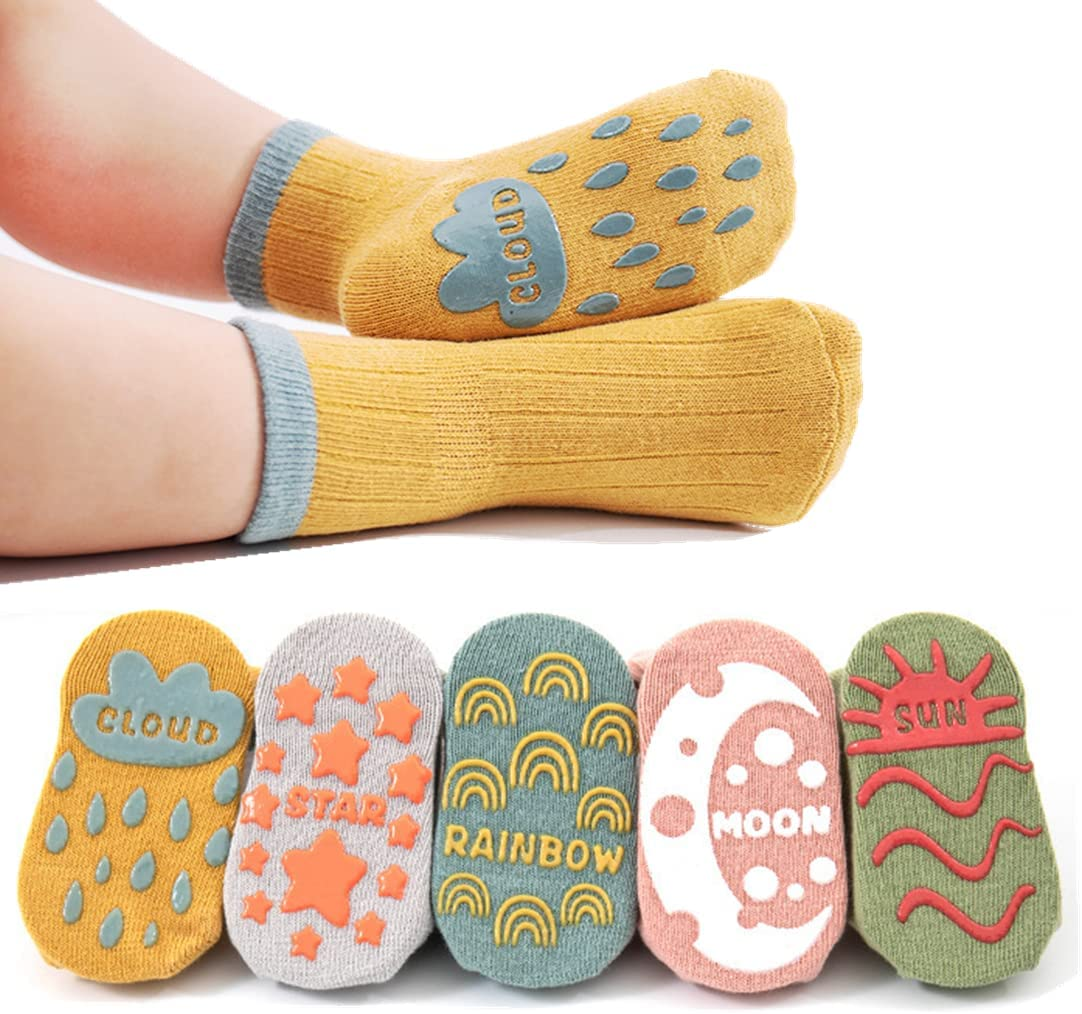 Baby Socks with Grip 5 Pairs, Ultra-Soft Cotton Anti-Slip Toddler Crew Socks for 0-12 Months/1-3/3-5/ Years Old Boys Girls Kids Infant Non Slip Ankle Socks Unisex Crawling Socks for Babies