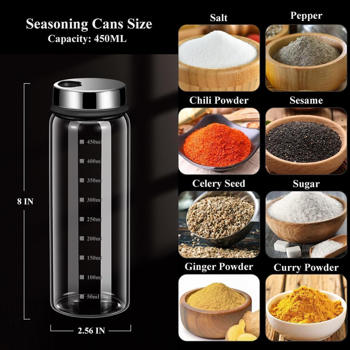 15 Oz Large Salt Pepper Shakers with Adjustable Outlet Holes Clear Glass Shaker Bottles Spice Seasoning Cans for Kitchen Decor and Home Restaurant BBQ Camping Farmhouse Kitchen Accessories (450 Ml) image number 2