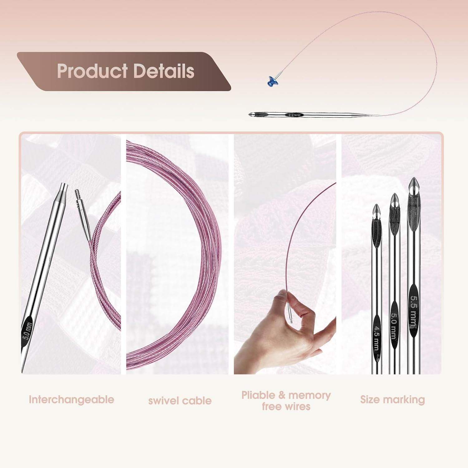 Tunisian Crochet Hooks Set with Cable 6-Inch Aluminum Interchangeable Crochet Hooks Set 3Mm-10Mm Long Crochet Hooks 26Pic (Pink) image number 1