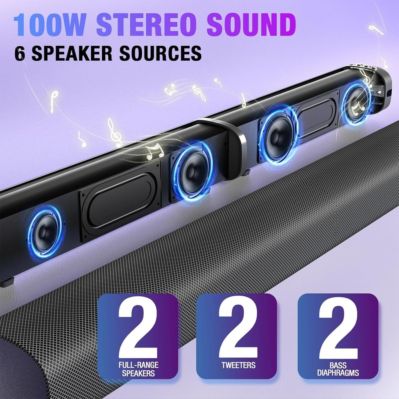 Soundbar for Smart TV, 100W Sound Bar Bluetooth 5.3 Soundbar, 2 in 1 Detachable Home Speaker Bass Effect, Home Theater Surround Sound, Arc/Optical/Aux/Usb Connections, for Tv/Pc/Projectors image number 3