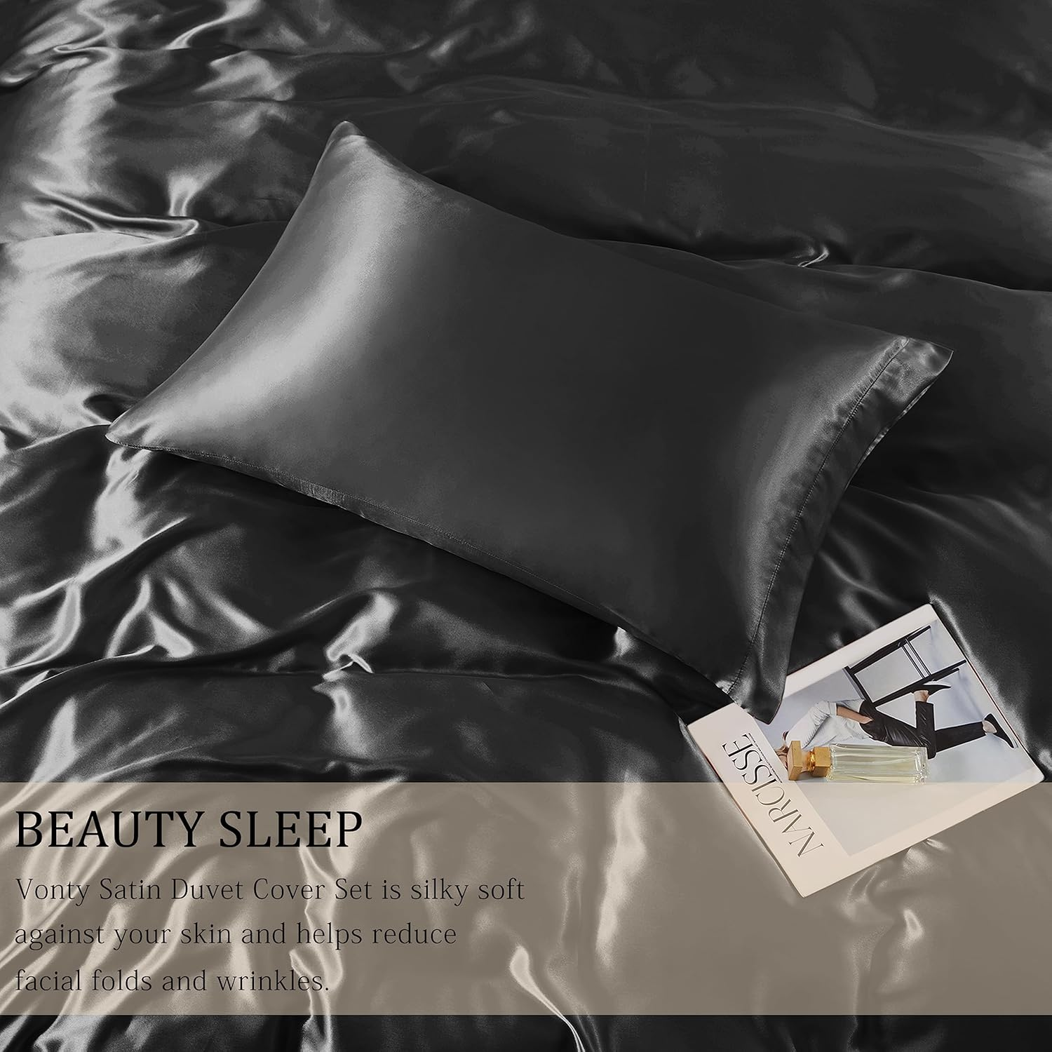 Vonty 3-Piece Silky Satin Duvet Cover Set Full/Queen Size Comforter Cover, Organic Natural 400TC Black Duvet Cover Set - Luxury & Sexy Bedding Duvet Covers with Zipper Closure(No Comforter) image number 2