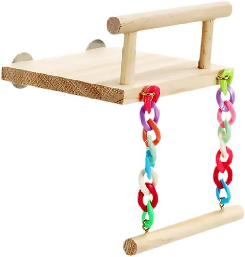 AIMALL Wooden Bird Swing with Platform for Small Parrots Cage Accessories Colourful Hanging Toy with Metal Hooks for Budgies Lovebirds Finches 5.5X4.7X6.7In