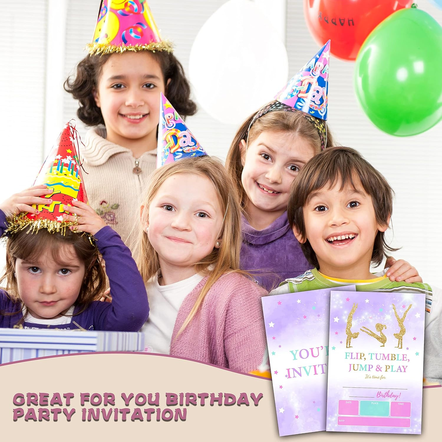 Gymnastics Birthday Invitations for Kids, Gold Glitter Birthday Party Invitation Cards, Jump Tumble and Play Party Celebration Supplies Decoration -20 Fill in Invitations with Envelopes (B17) image number 1