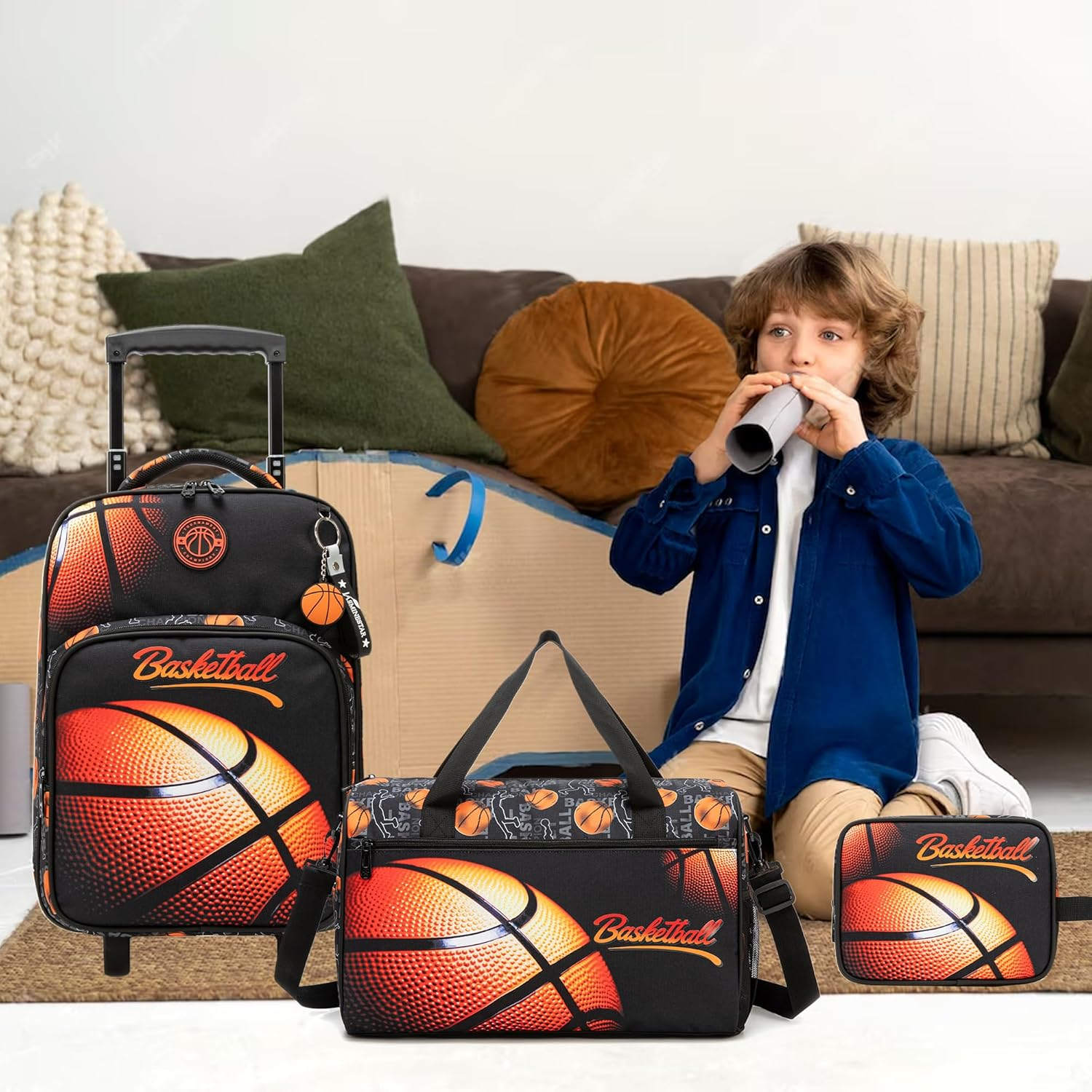 Homskiii Kids Basketball Luggage with Wheels Suitcases Travel Softside Suitcases 16" Carry on Suitcase with Duffle Bag Luggage Sets Airline Approved image number 5
