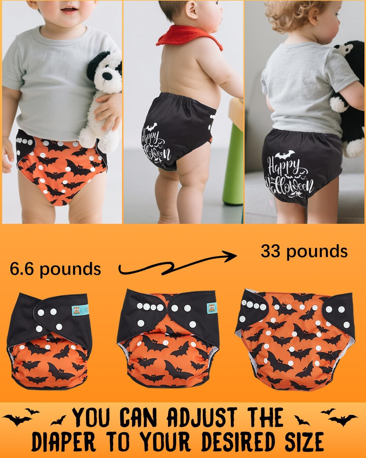 ALVABABY Helloween Baby Cloth Diapers One Size Adjustable Washable Reusable for Baby Girls and Boys 1 Pack with 2 Inserts AMD134-2TA