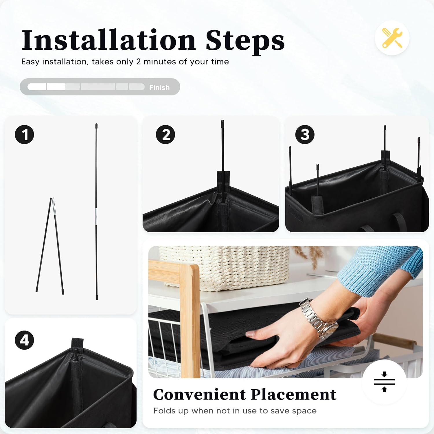 Slim Laundry Hamper with Lid 55L Thin Dirty Clothes Basket with Long Handle, Narrow Laundry Bag, Foldable Dirty Hamper, Narrow Dirty Clothes Hamper for Closet and Bathroom, Black image number 1