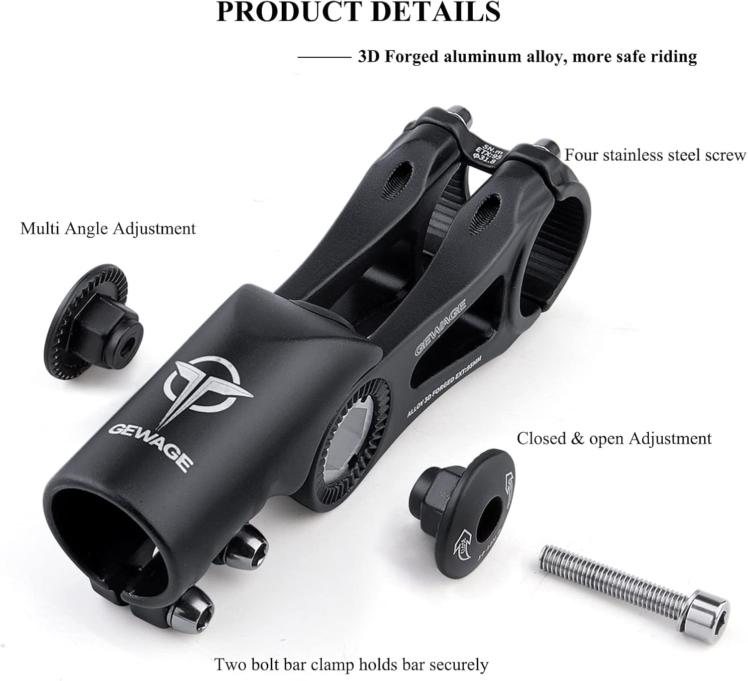 GEWAGE Bike Stem - 130 Degree Adjustable Bicycle Stem- 75Mm 90Mm 130Mm Handlebar Stem Riser for 31.8(1-1/4") Handlebars, Suitable for Most of Mountain Bike, Road Bike, BMX image number 1