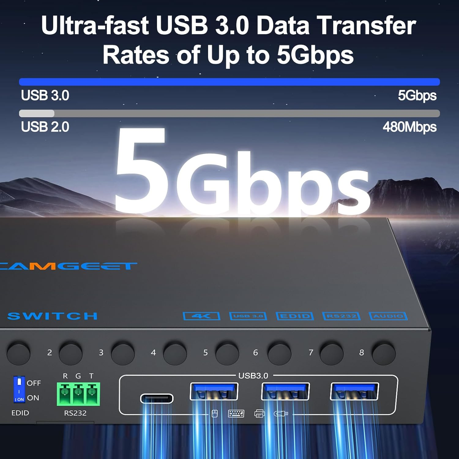 8 Port Displayport KVM Switch 4K@60Hz EDID Simulation, USB3.0 KVM Switch Displayport for 8 Computers Share 1 Monitor and 4 USB Devices,Kvm Switches with Audio RS232 Wied Remote 12V Power and USB Cable image number 5