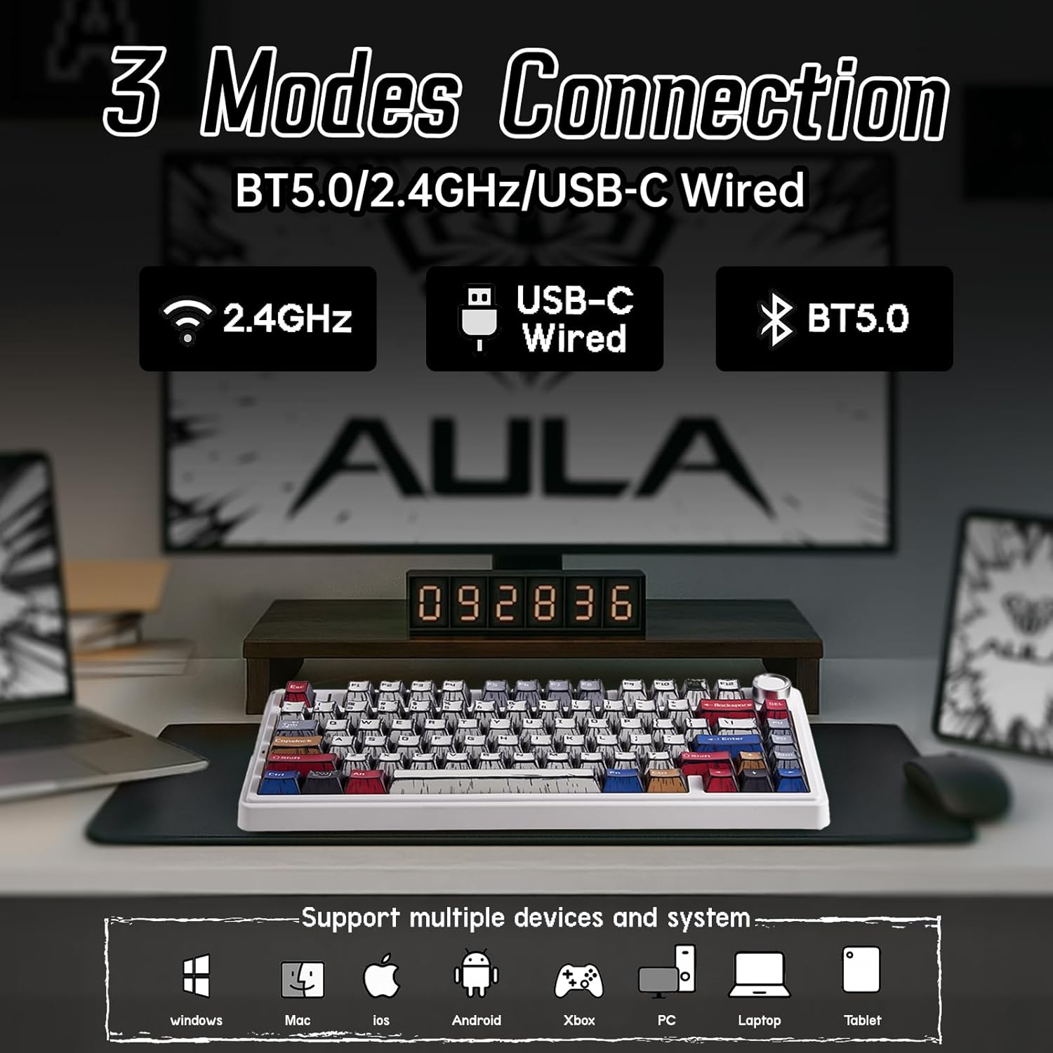 Aula F75 Wireless Mechanical Keyboard,Creamy Keyboard with RGB Backlit Hot Swappable, 81 Keys 75% Layout Gaming Keyboard, Bluetooth/2.4Ghz/Type-C, Creamy Sounding-Gradient Grey image number 4