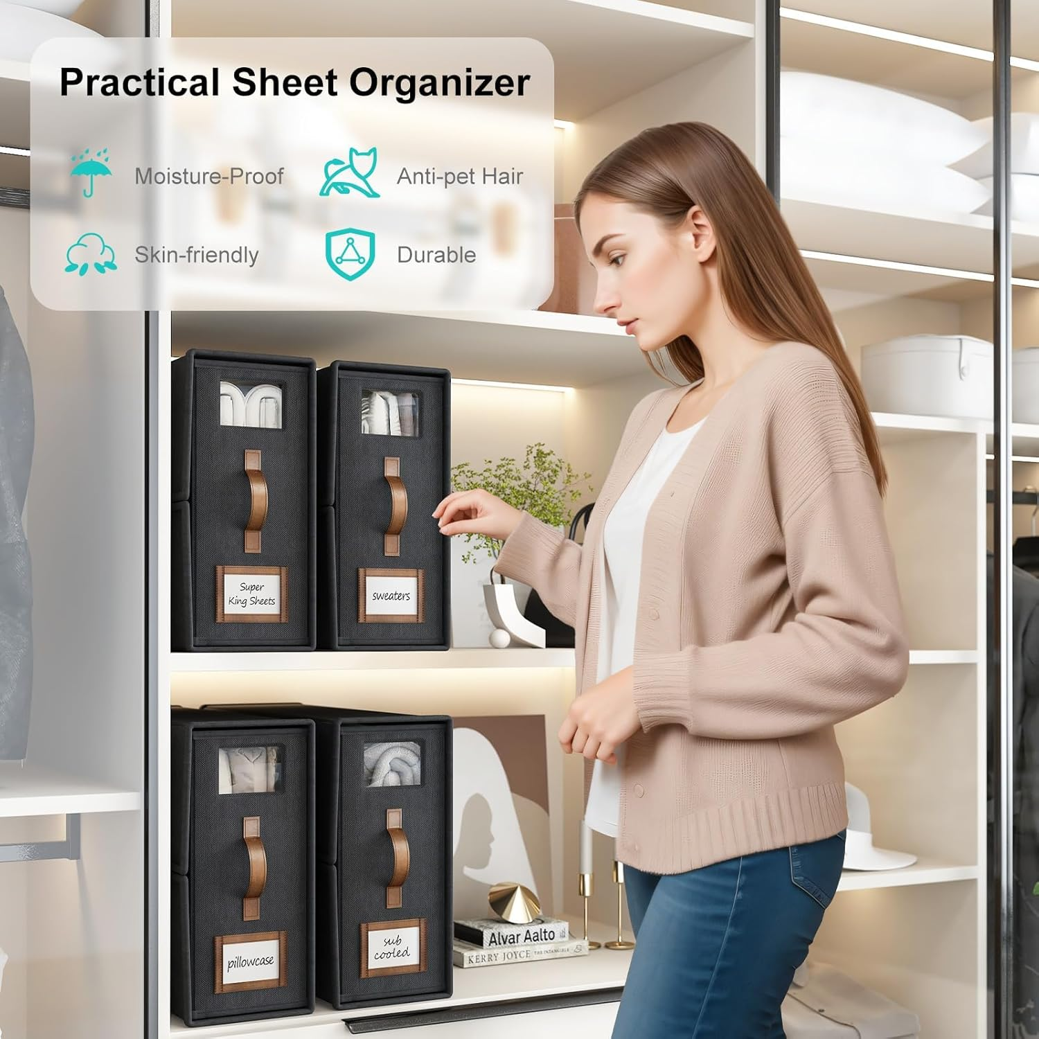 Bed Sheet Organizers and Storage,Foldable Sheet Organizer for Linen Closet,Linen Bedding Storage Box with Leather Handle for Bedsheets,Flannel Blankets,Thin Quilts (Black, 4 Pack) image number 1