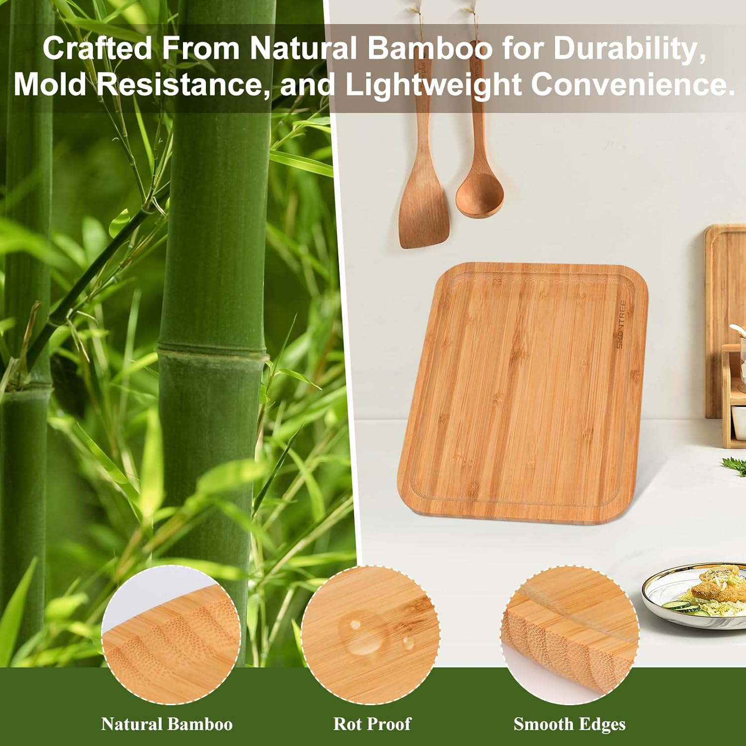 Small Bamboo Serving Tray for Food, Rectangle Wooden Tray for Eating Breakfast, Tea Coffee (24X18X1.7 CM)