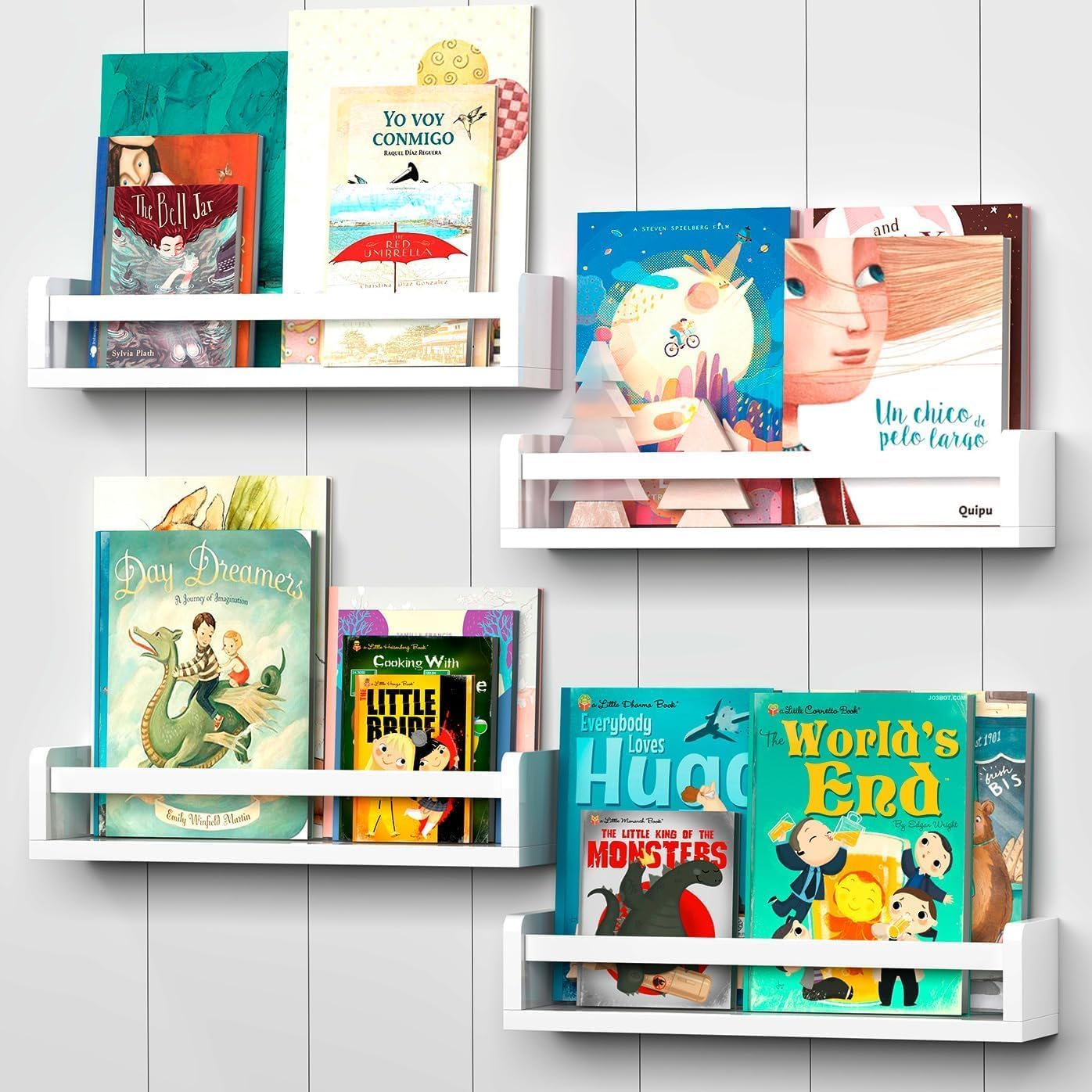 Wall Bookshelf for Bedroom Set of 4, White Floating Book Shelves for Wall, Wood Book Shelf Wall Mounted, Wall Mount Bookshelves and Toy Storage