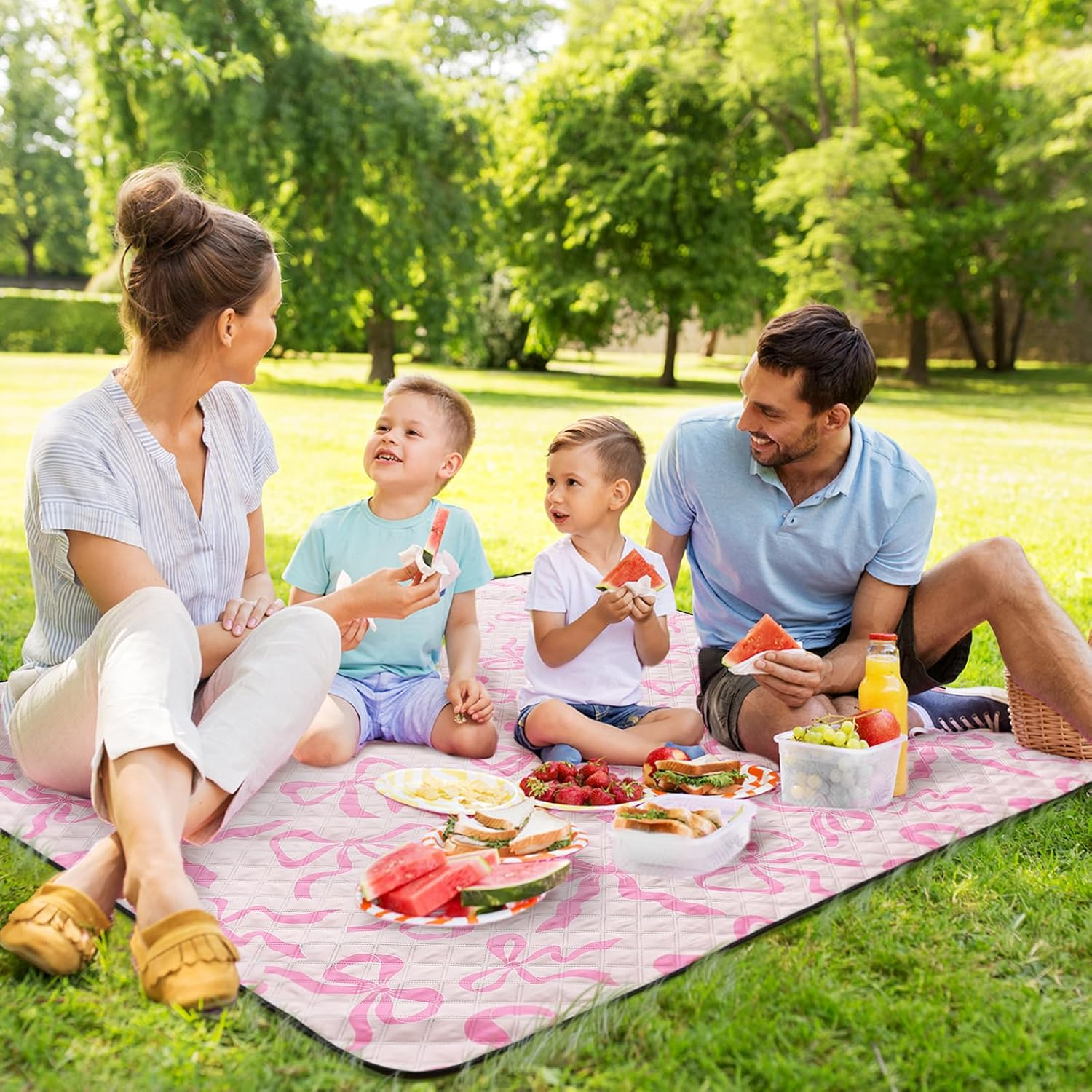 Pink Bow Picnic Blanket 80'' X 80'' Waterproof Extra Large Camping Blanket Coquette Picnic Mat Foldable Portable Preppy Outdoor Beach Mat with Carry Strap for Outdoor Grass Lawn Park image number 3