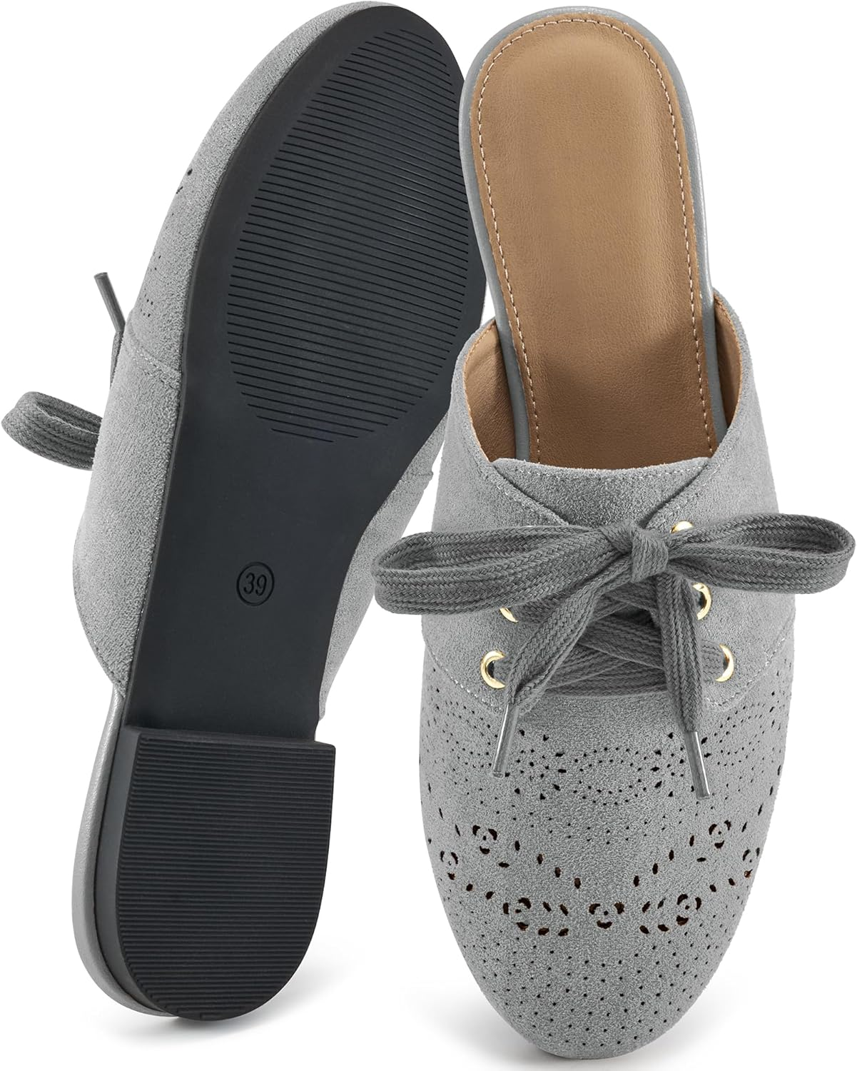 HARENCE Mules for Women Flats Shoes: Comfort round Toe Backless Loafers Casual Slip on Lace up Dressy Suede Mule