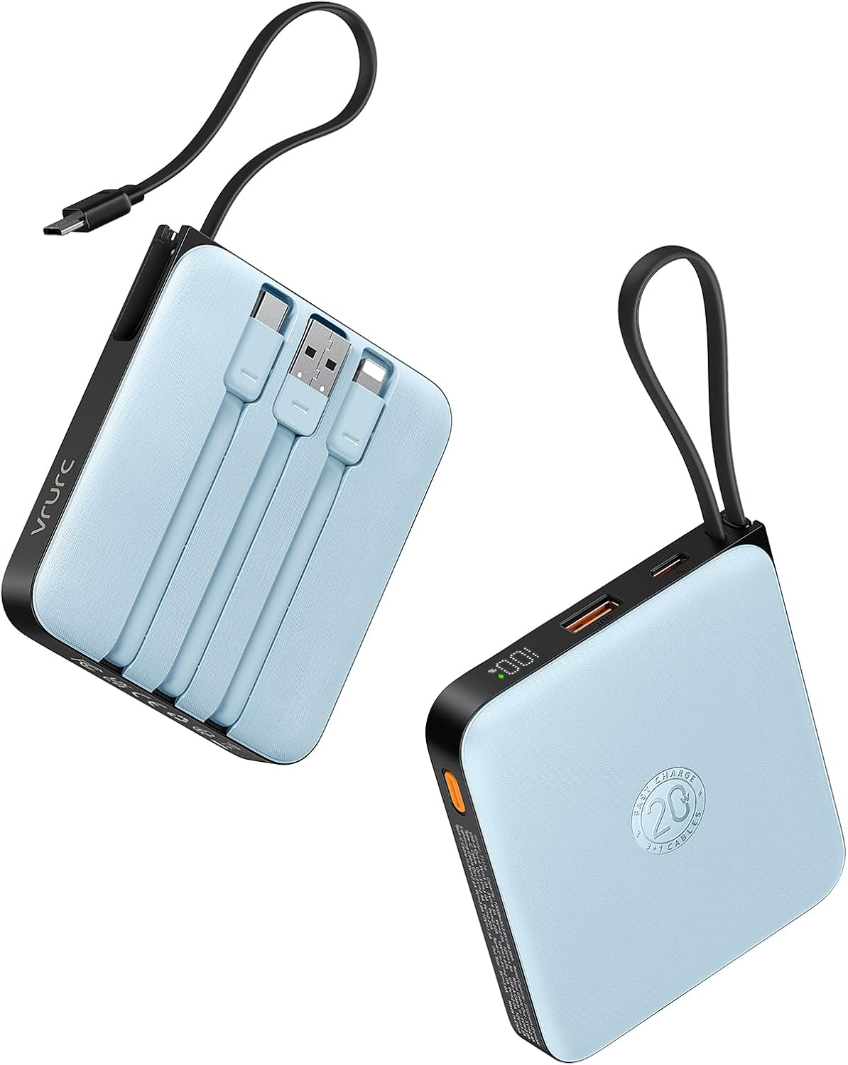 VRURC Portable Power Bank Built-In Cables, 10000Mah 22.5W Fast Charging USB C Battery Pack, Phone Charger Battery & LED Display, for Phone,Blue image number 1