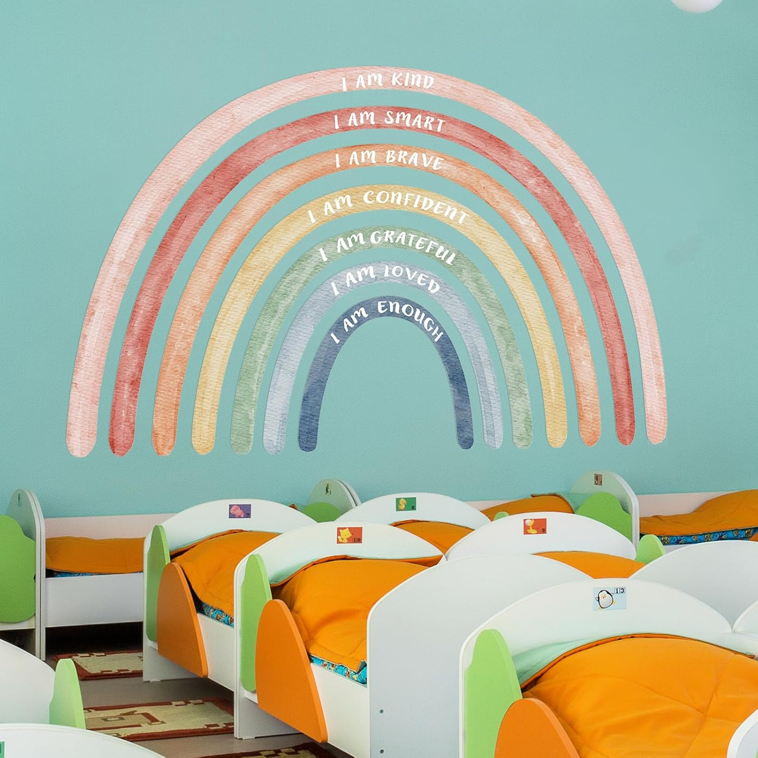 Tinideya 76.77X47.24'' Watercolor Large Rainbow Wall Decal Classroom Wall Decor with Inspirational Quote Peel and Stick Stickers Waterproof Wallpaper for Girls Kids Bedroom Nursery Playroom(Cute) image number 1