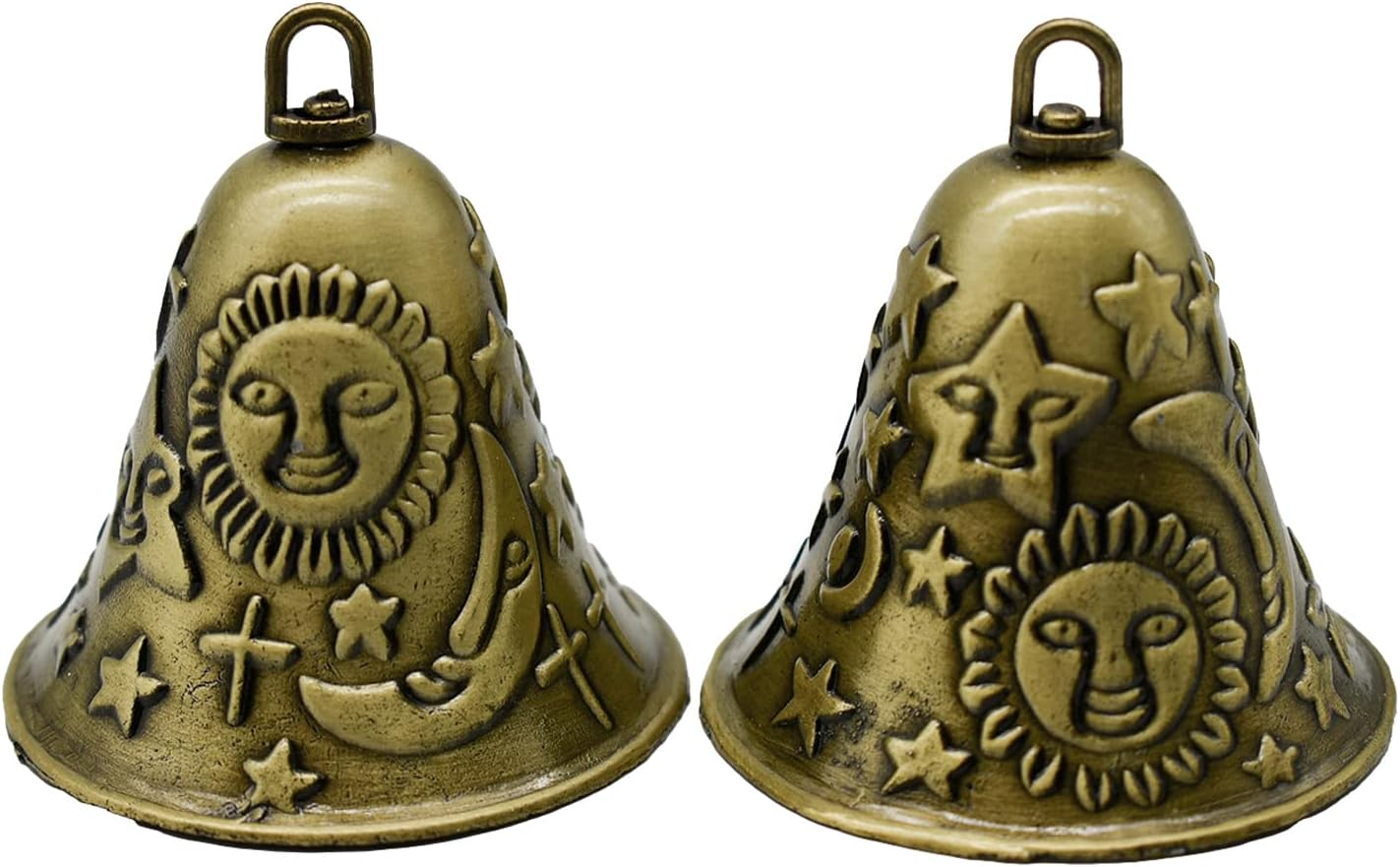 Pinenjoy 2Pcs Feng Shui Bell Carved Sun Star Moon Pattern Vintage Bronze Bell 2.64X2.36Inch Temple Wind Chime for Home Garden Door Good Luck Bless Hanging Decors image number 3