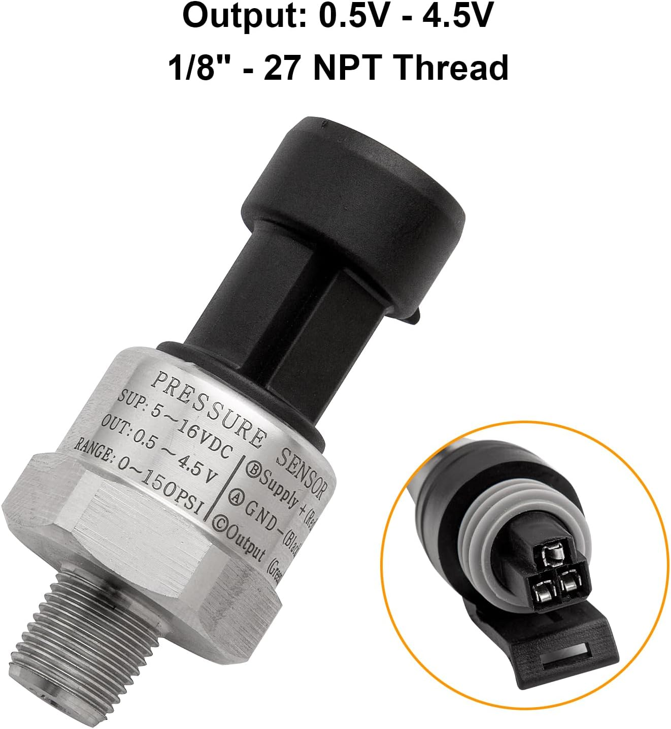 Ronybuy 150 Psi Fuel Oil Pressure Transducer Sensor Sender 1/8" -27 NPT Thread with Harness Kit for Oil Fuel Air Water, Stainless Steel 0-150 Psi Sensor Pressure Transmitter image number 6