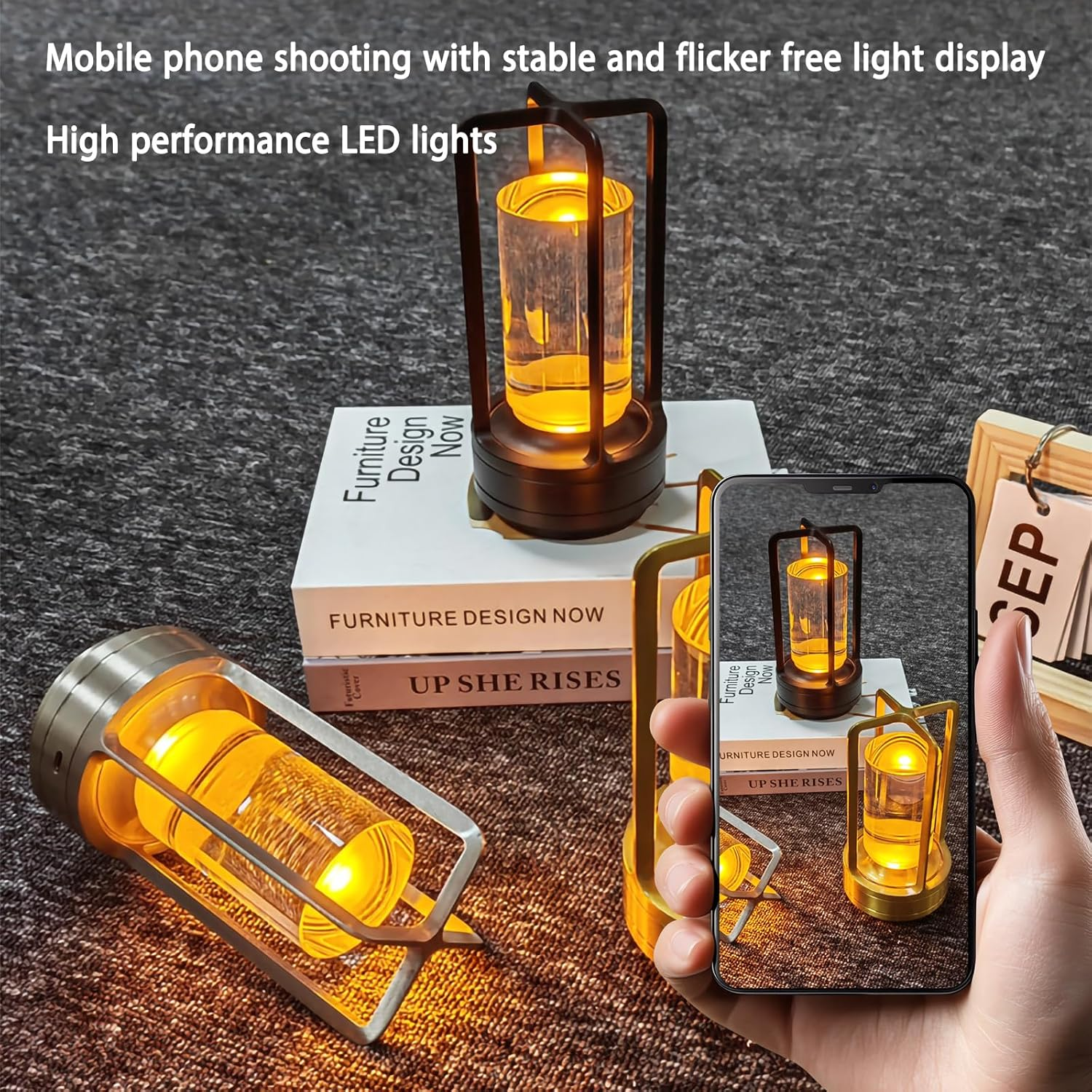 Candico Cordless Bedside Table Lamp Rechargeable Portable Touch,2000Ma Battery Operated Lamps LED Night Light,3Color Stepless Dimming Crystal Lantern Suitable Bedrooms,Bars,Cafes,Camping,Black - Silvery image number 3