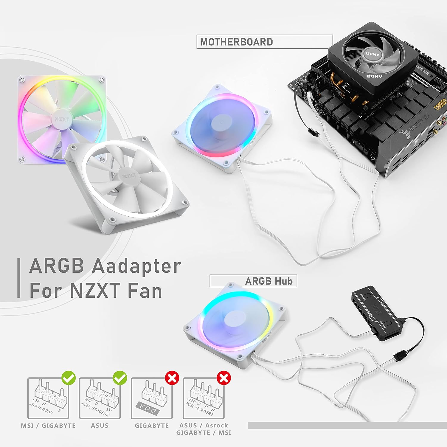 EZDIY-FAB ARGB LED Adapter for NZXT Fan, F120 AER RGB Fan, No NZXT CAM Hub Required, Compatible to Aura Fusion Mystic Light, Two in Pack image number 3