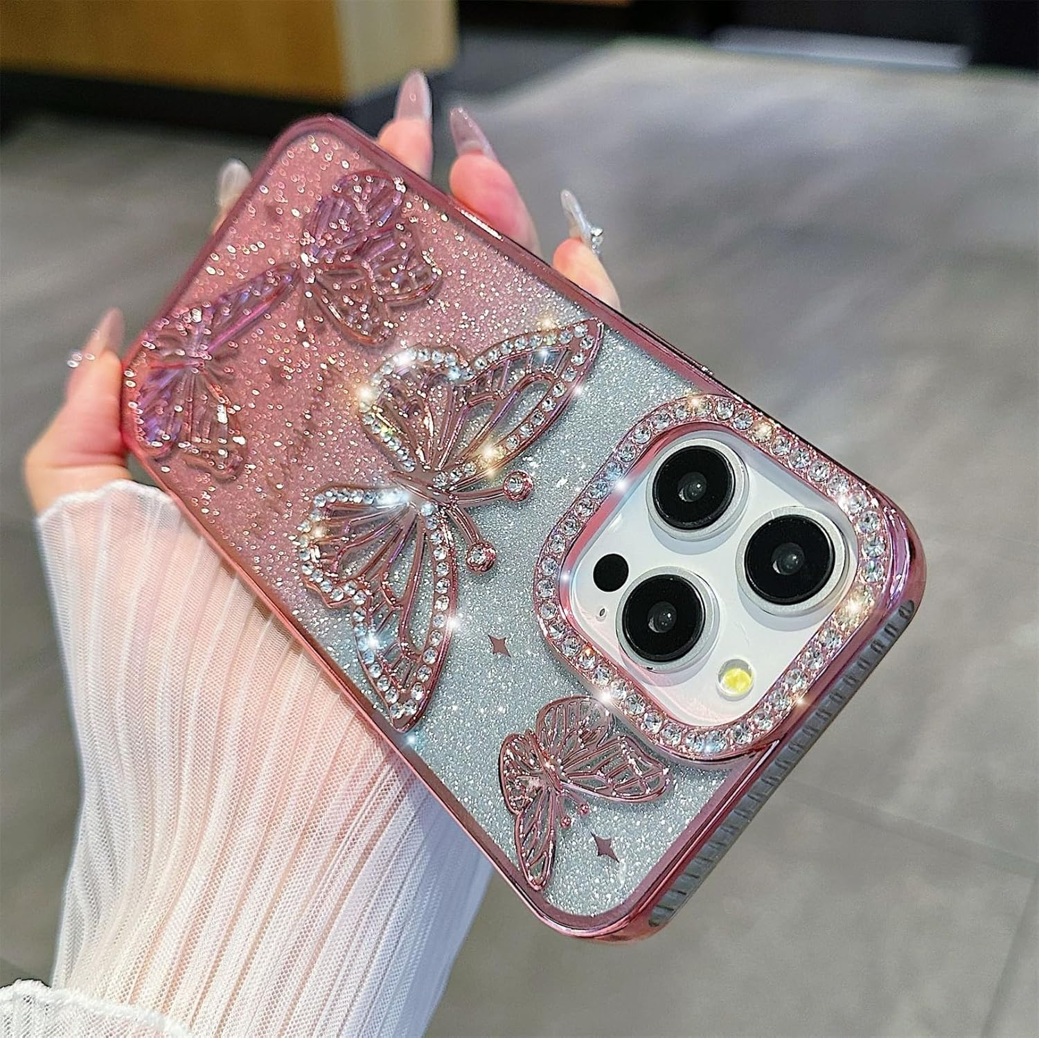 Emlivi Glitter Case for Iphone 16 Plus, 3D Butterfly Bling Diamond Mobile Phone Case Transparent TPU Bumper Cover, Colour Gradient Card, Camera Protection, Shockproof Protective Case for Iphone 16 image number 4