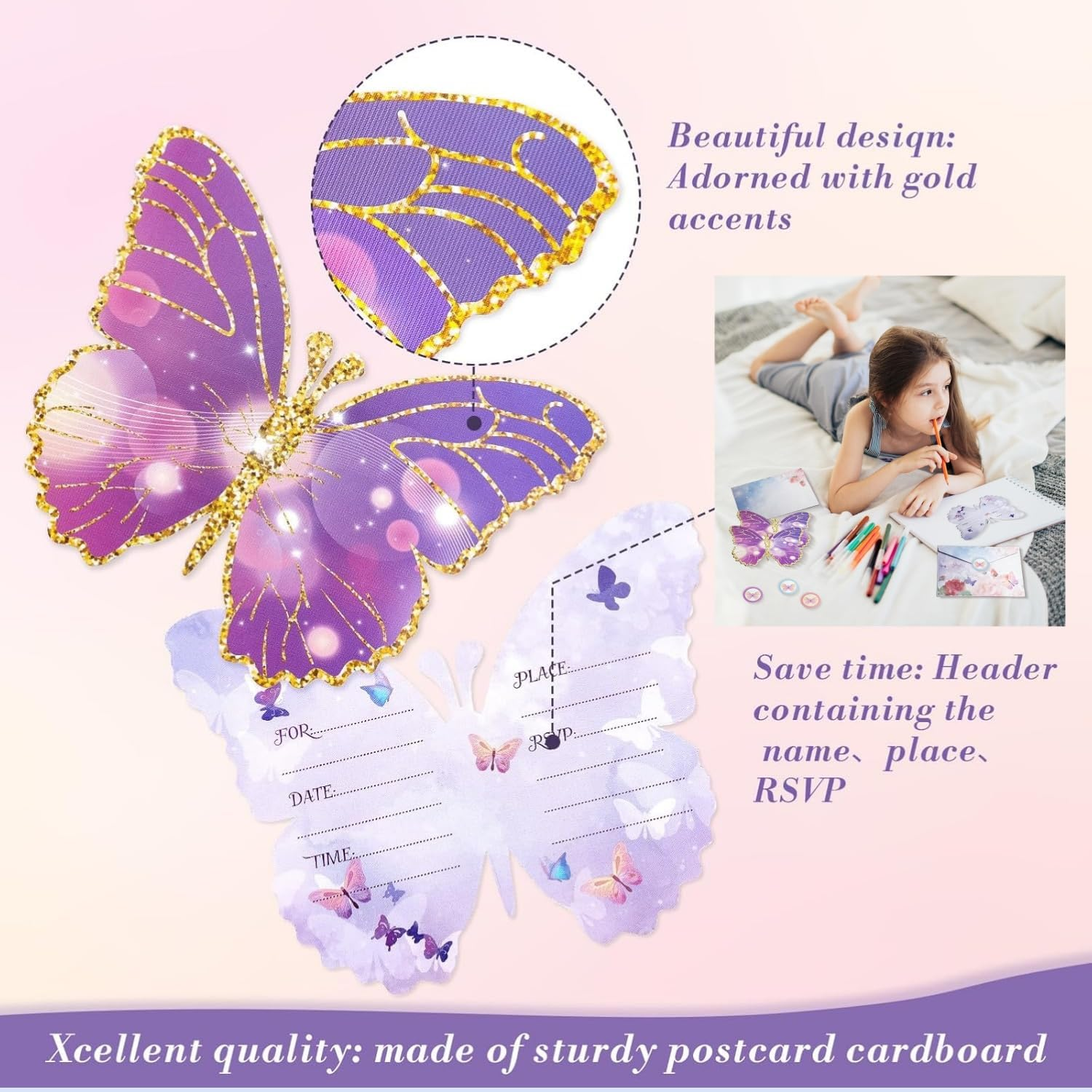 Taicols Birthday Invitations with Envelopes, 12 Set Butterfly Party Invitations with Envelopes Stickers for Party Supplies, Blank Birthday Invites Card, Fill in the Blank Invites Birthday Invitations image number 6