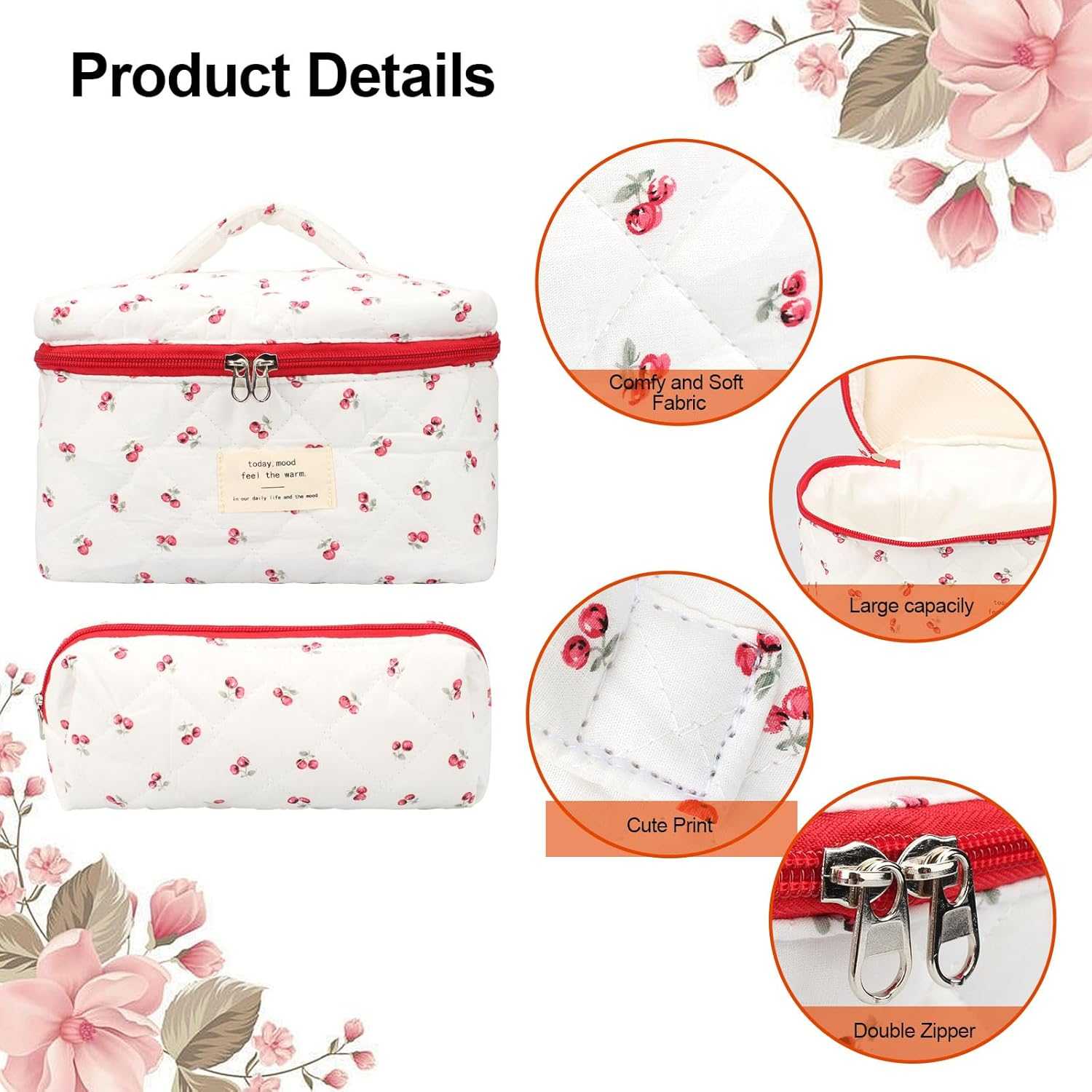 COZY CORE 3 Pack Quilted Cotton Makeup Bag Set, Cherry Travel Cosmetic Organizer with Toiletry Pouch, Portable Beauty Storage for Women Girls - Mothers Day Birthday Gifts (Cheery White) image number 1