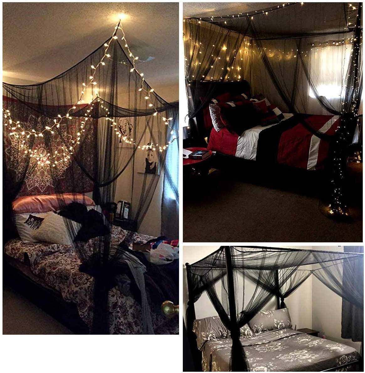 Mosquito Net for Bed Canopy, 4 Corner Post Curtains Bed Canopy Elegant Mosquito Net Set, Stick Hook &Profession Rope for Net, Screen Netting Canopy Curtains, Full/Queen/King (Black) - Black image number 5