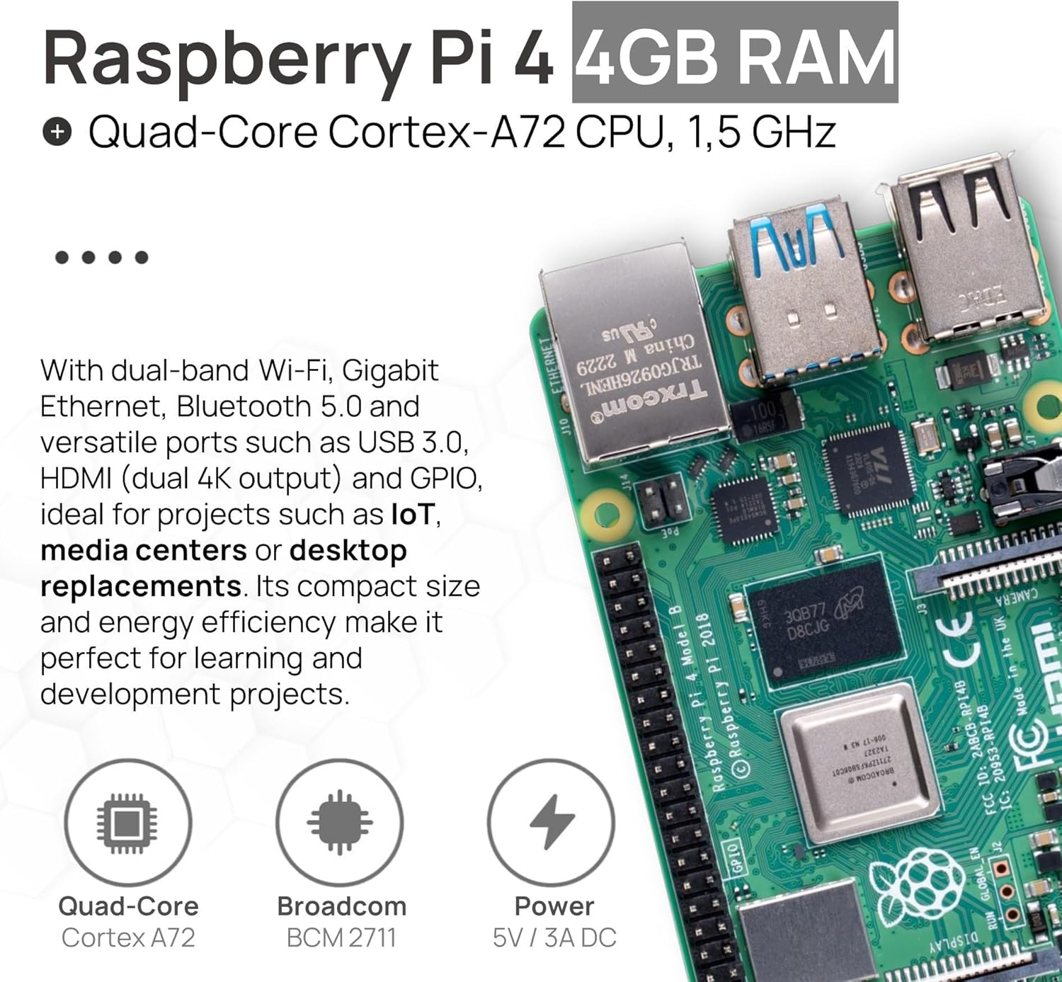 Raspberry Pi 4 Model B 4GB Starter Kit, Raspberry Pi 4 (4GB RAM), 5V 3A USB-C Power Supply, Housing, 32GB SD Card, Micro HDMI Cable image number 3