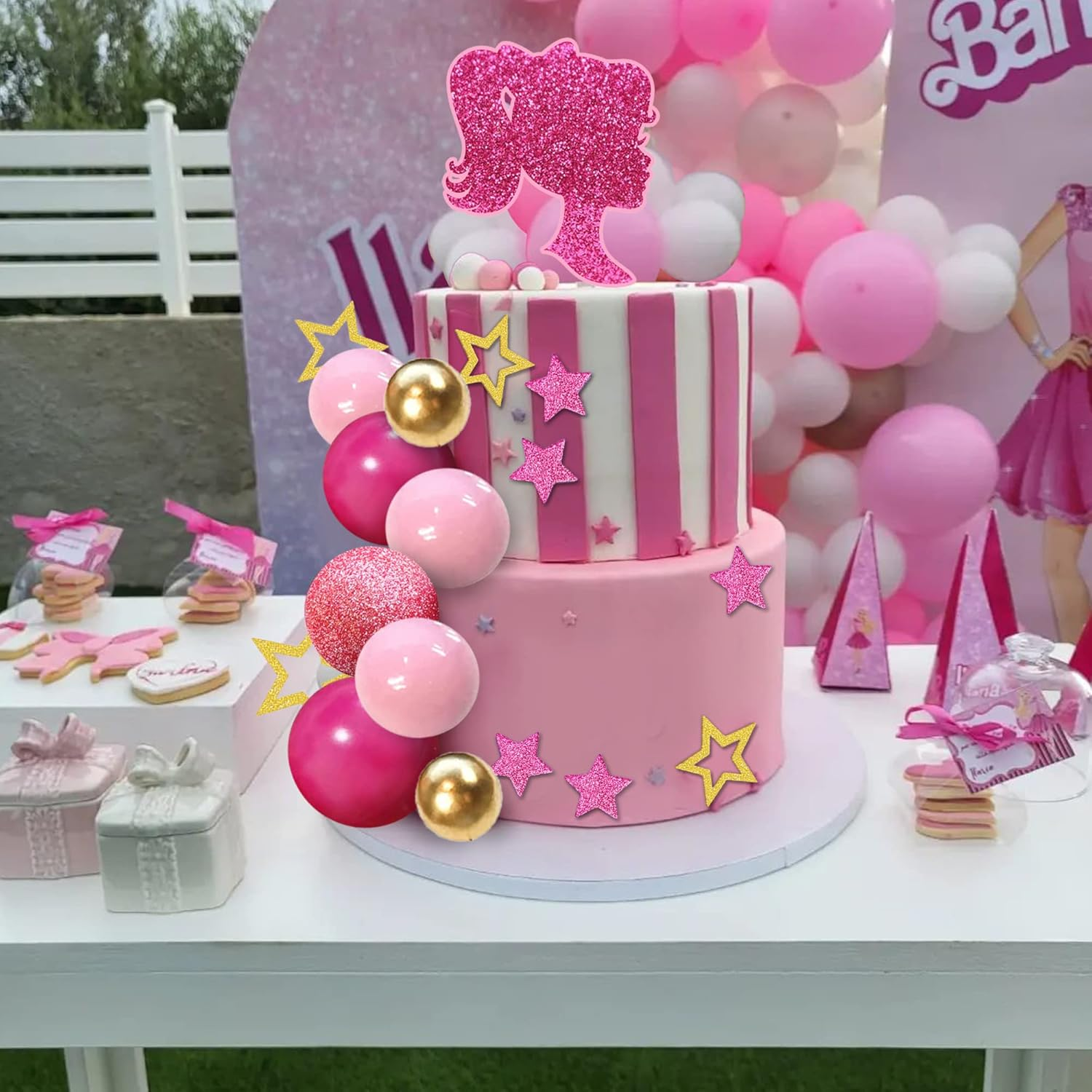 Hot Pink Girl Cake Topper Balls Cake Decorations with Shiny Stars for Wedding Baby Shower Birthday Supplies (Stars)