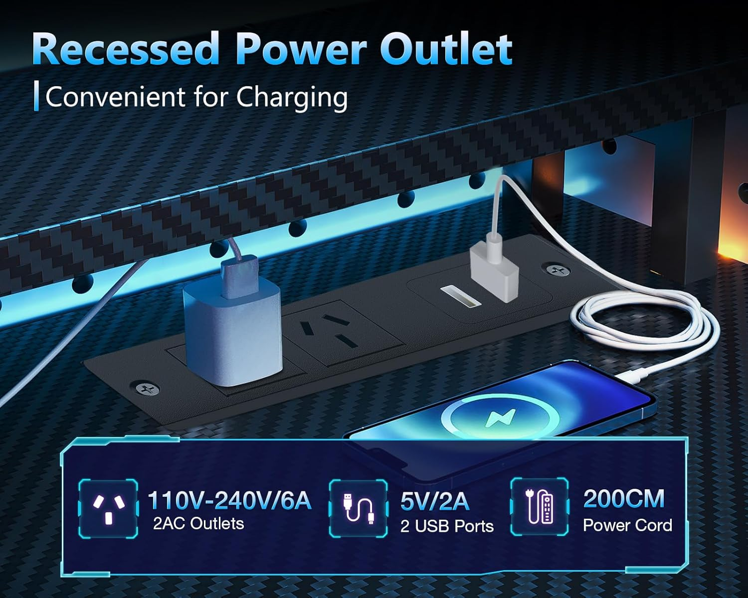 ODK 59Inch Gaming Desk with LED Lights & Power Outlet, Reversible Computer Desk with Drawers, Gaming Table with Monitor Stand & Storage, 151 * 50 * 114.7Cm, Carbon Fiber Black