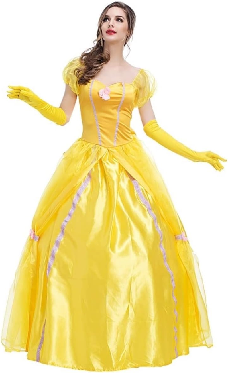 Costume Bay Womens Yellow Princess Dress Costume Satin Dress Gloves Halloween Cosplay Fantasy Ball Gown Yellow Royal Elegant Outfit Set image number 4