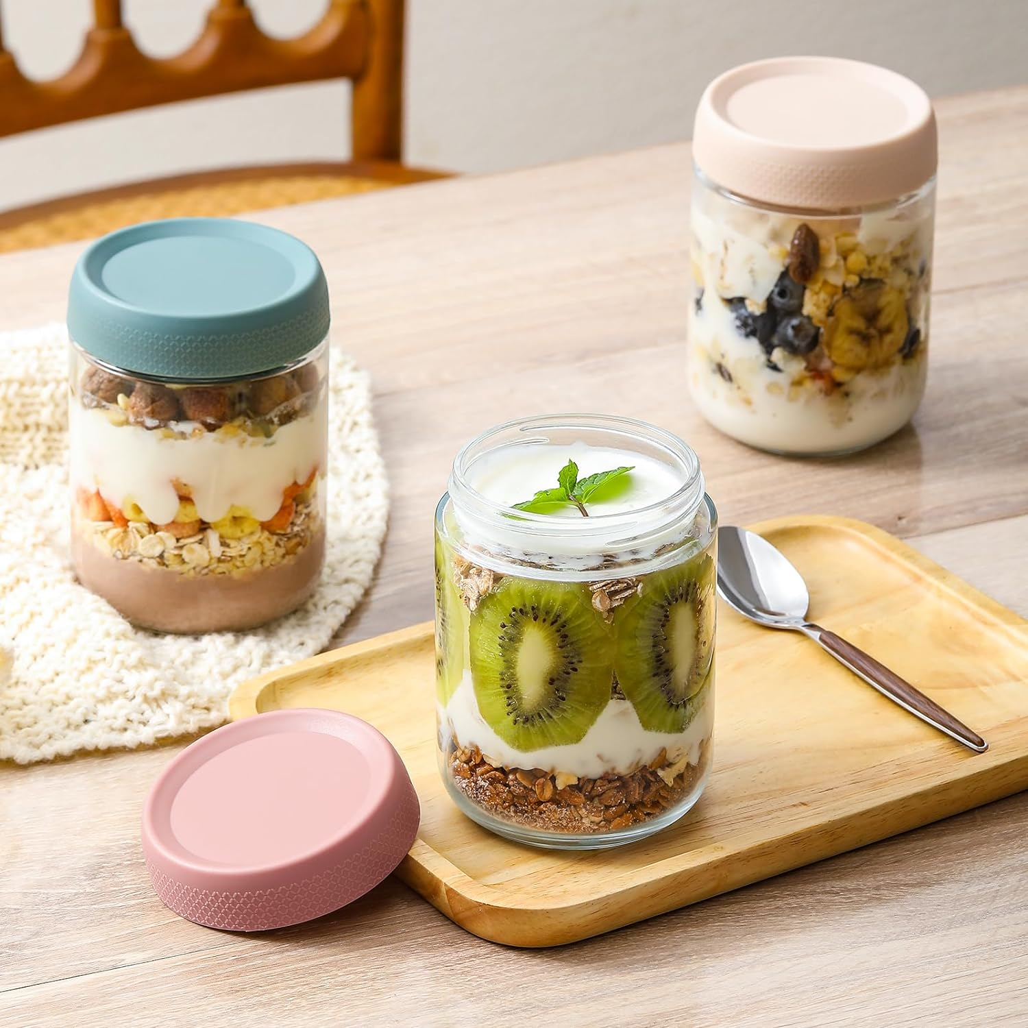 NETANY 6-Pack 16 Oz Overnight Oats Containers with Lids, Glass Jars with Airtight Lids, Wide Mouth Mason Salad Jars, Glass Food Storage Containers for Snacks Yogurt Spice Sugar - Green image number 5