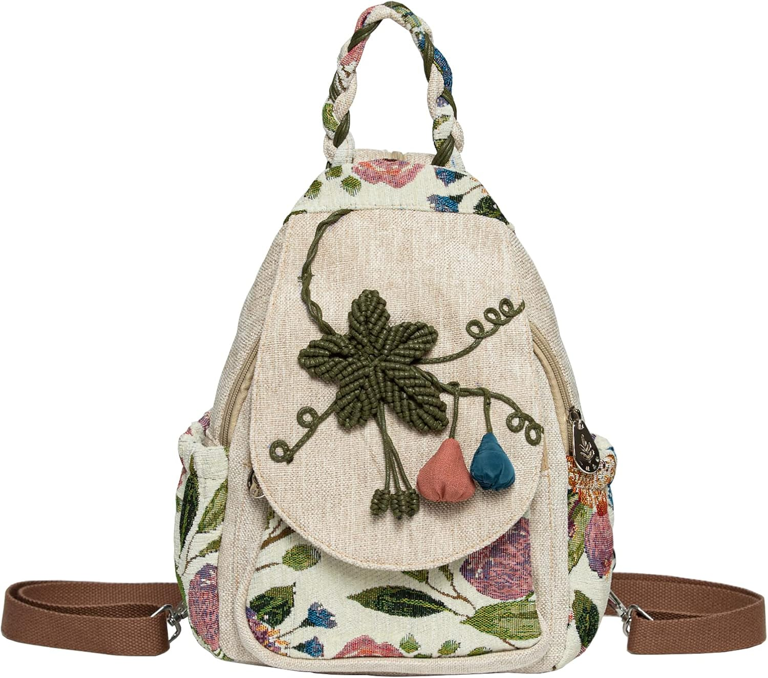 LOZENY Casual Canvas Backpack，Cotton Woven，Versatile Hand-Woven Cotton Linen Bag Small Shoulder Small Fresh Light Fashion Lightweight Cloth Leisure Art Backpack, Green Mist, Small, Handmade Art image number 3