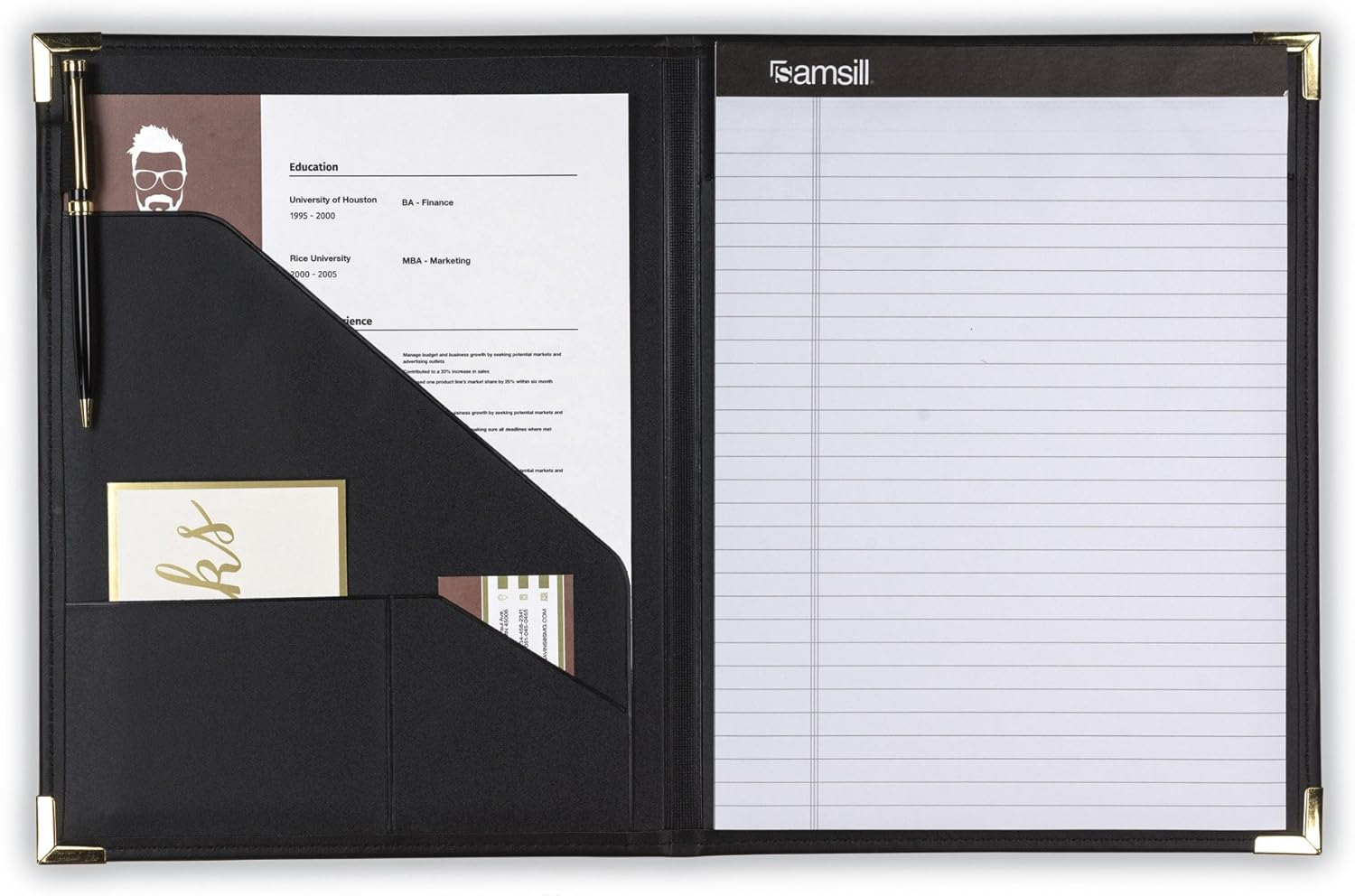 Samsill Classic Collection Business Portfolio/Resume Portfolio with Brass Corners, Letter Size Lined Writing Pad, Black