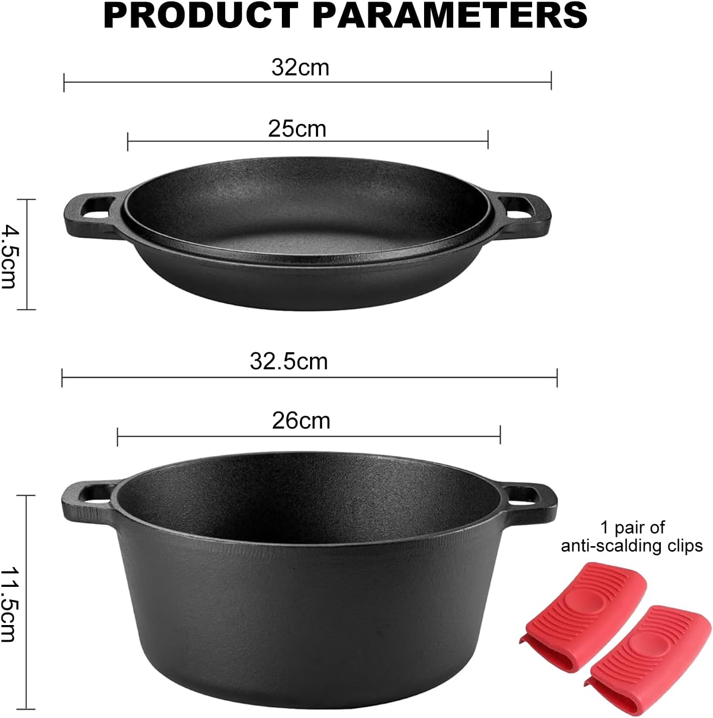 2-In-1 Pre-Seasoned Cast Iron Dutch Oven Pot with Skillet Lid Cooking Pan, round Double Function Dutch Oven, Cast Iron Pots and Pans Set with Anti-Scald Clip, Multi-Purpose, Diameter 26Cm, 4.7L image number 1
