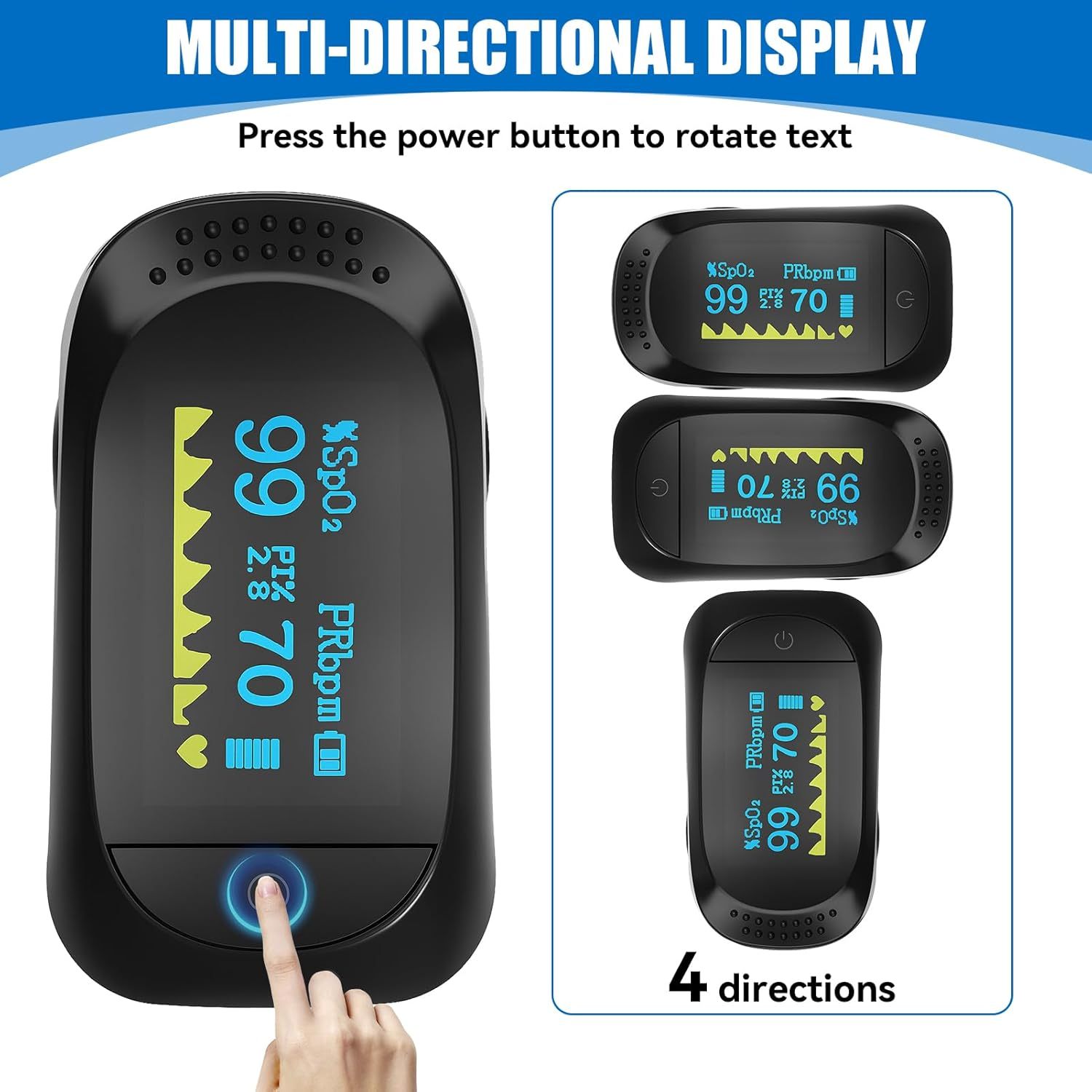 Fingertip Pulse Oximeter, Blood Oxygen Saturation Monitor with Dual-Colour OLED Screen, One-Button Operation for Spo2 Pulse Rate PI Index & Respiration Rate, Portable for Adults Kids Sports & Home Use image number 3