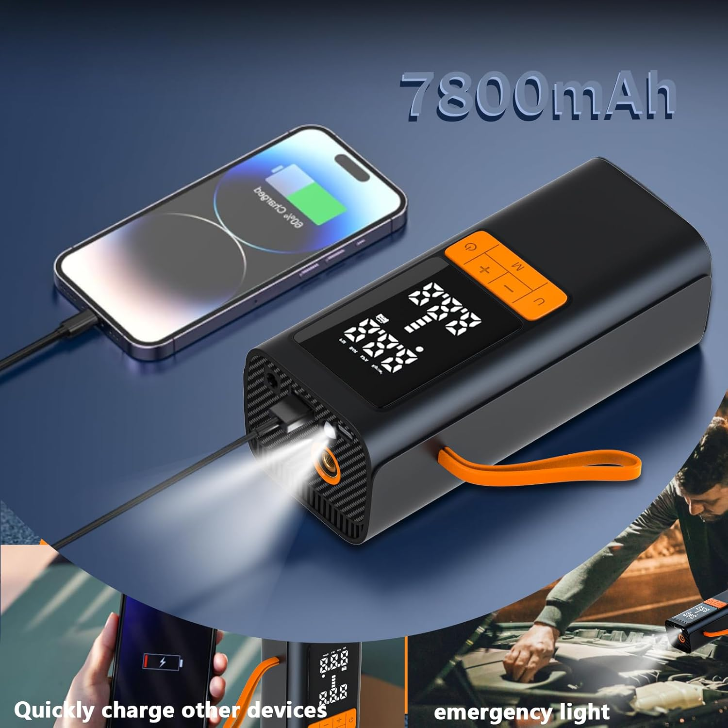 Tyre Inflator Portable Air Compressor, 7800Mah and 150PSI Cordless Air Pump with Pressure LCD Display for Cars, Motorcycles, Bicycles, Ball Bikes with Tire Pressure Gauge, Dual-Use Type image number 2