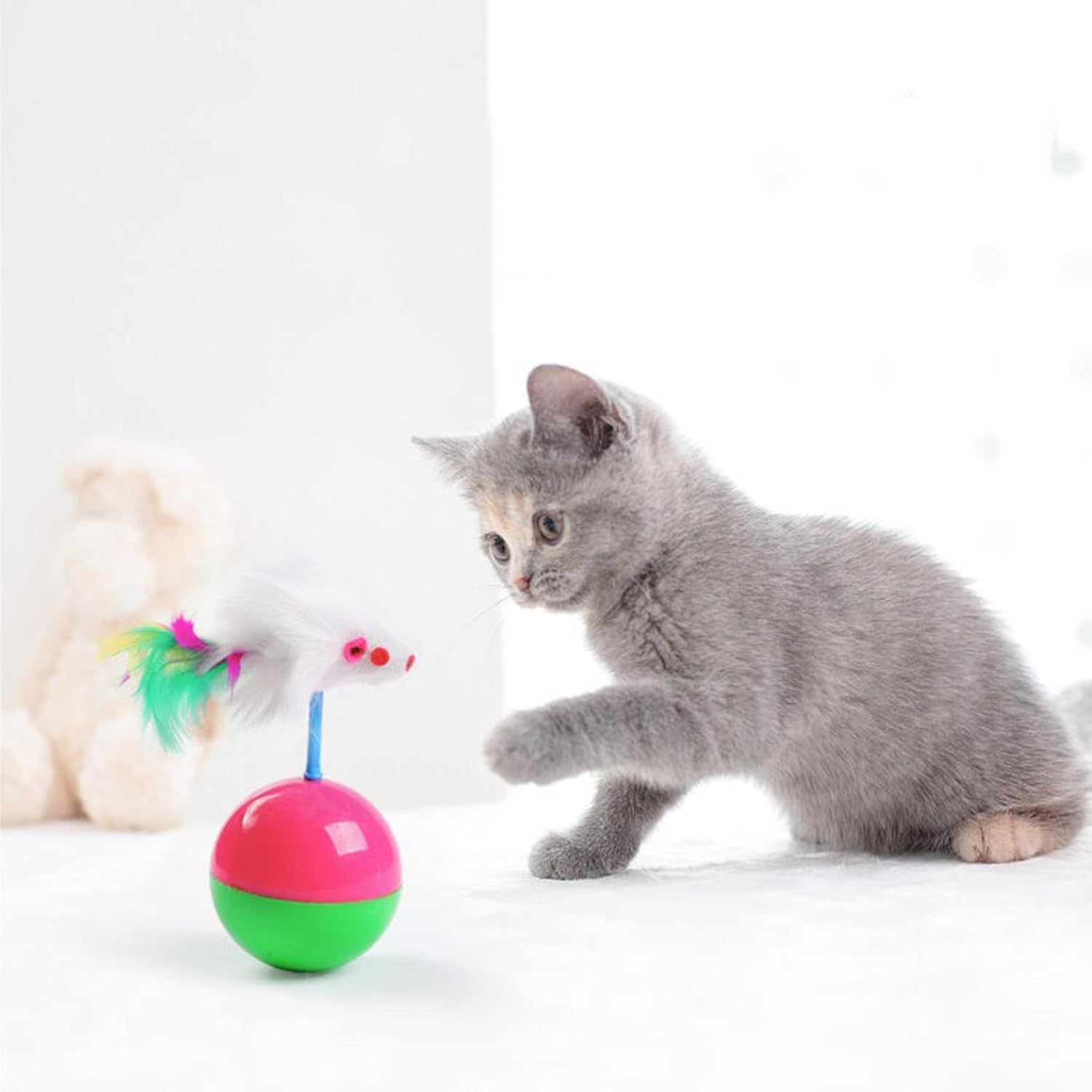Interactive Cat Toy Ball, Cat Mouse Teaser Toy with Feather, Bobblehead Interactive Ball Toy Rolling Chase Ball Interactive Cat Ball Toy Set for Kitten Play Exercise Entertainment