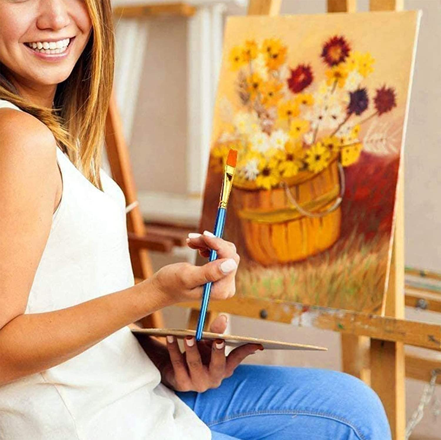 60 Pcs Flat Paint Brushes with Nylon Hair,Small Brush Bulk for Detail Painting,Short Plastic Handle,Acrylic Oil Watercolor Fine Art Painting for Kids,Students,Starter,Teens, Adults image number 2