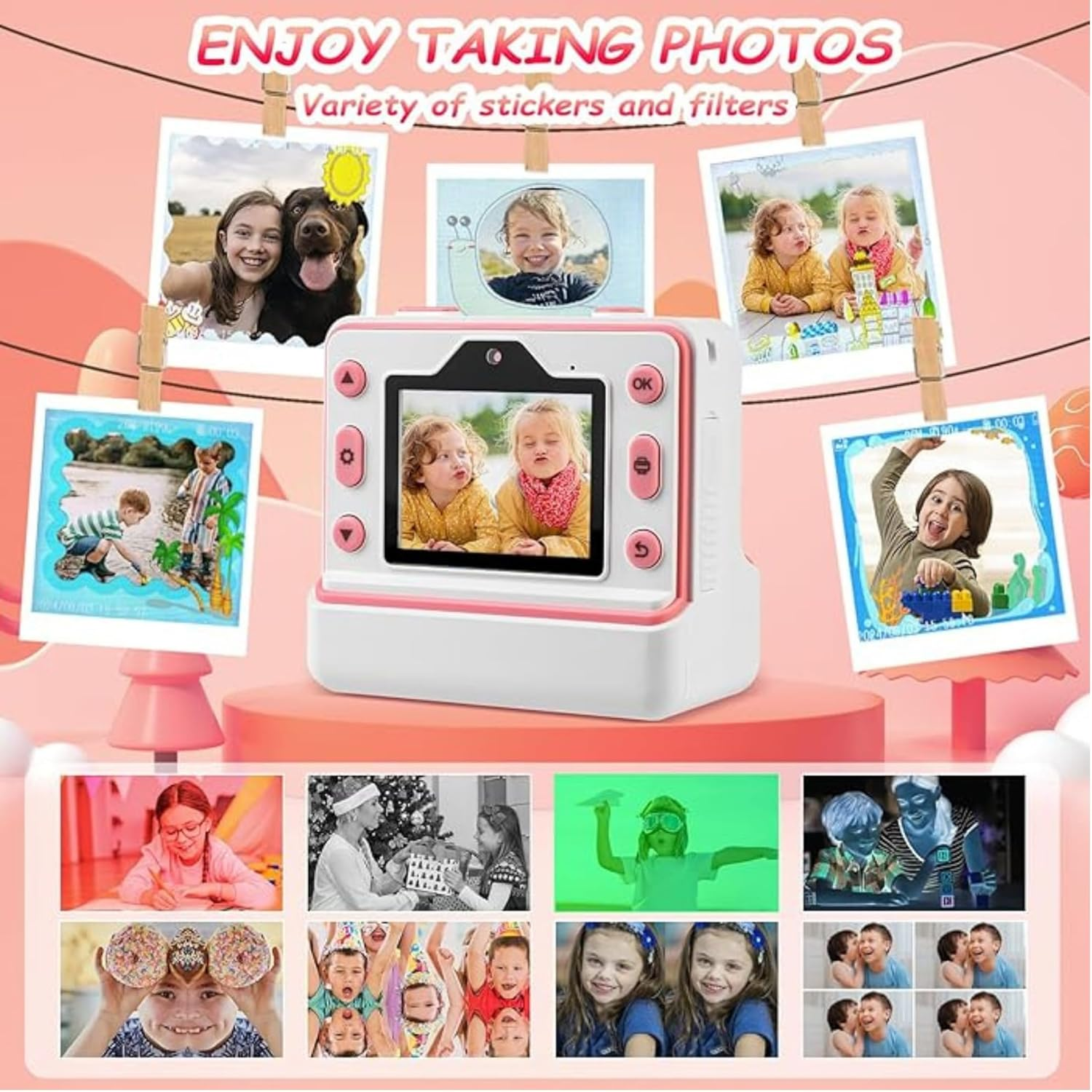 Instant Print Camera for Kids | 1080P HD 48MP Kids Print Camera with 2.4-Inch IPS Screen | Instant Camara for Kids Boys Girls Age 3-12, Included 3 Roll Thermal Print Paper, 32GB SD Card - Pink image number 5