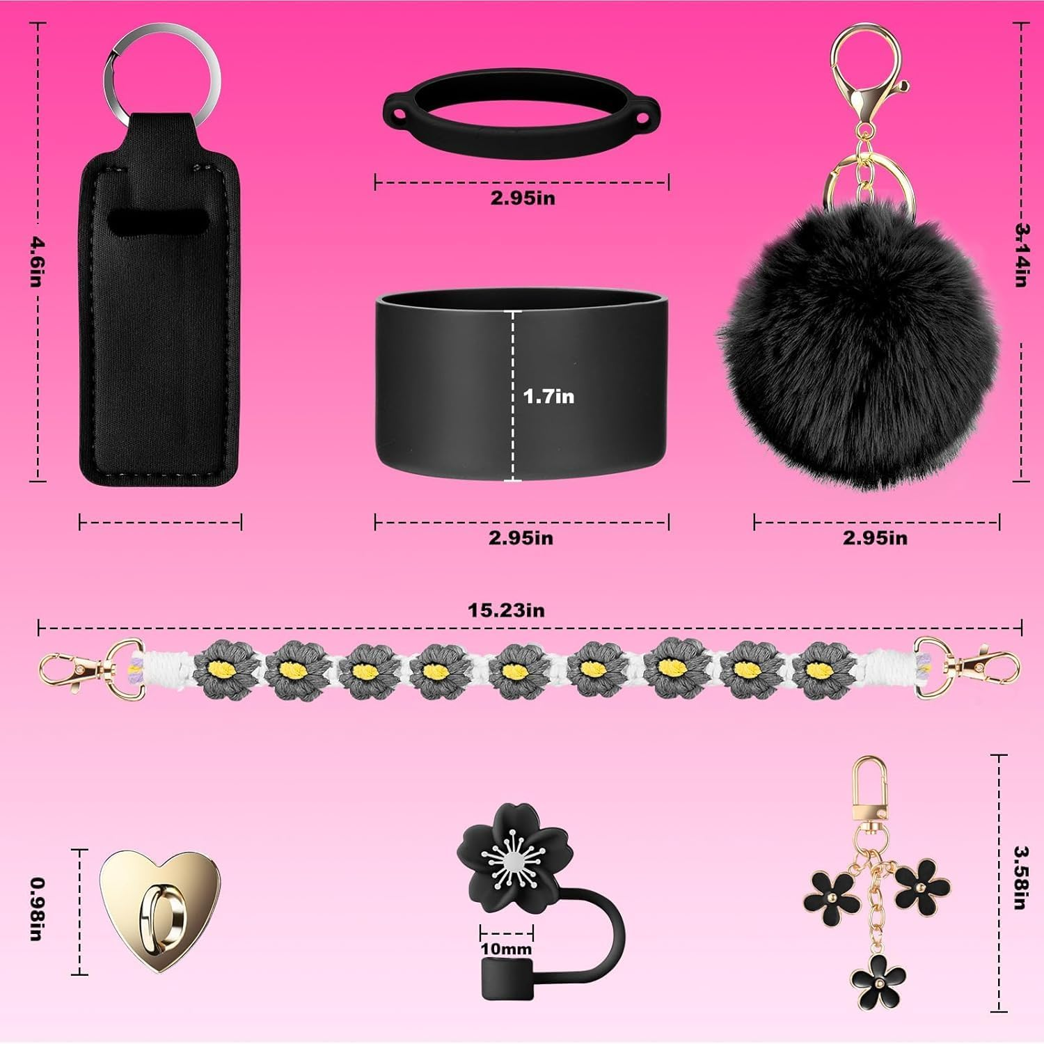 Cup Accessories for Stanley Cup 30Oz 40Oz Tumbler with Handle, Including Water Bottle Handle Strap, Chapstick Holder, Boot, Keychain Charms, Straw Topper Cover Cap for Stanley (Black) image number 6