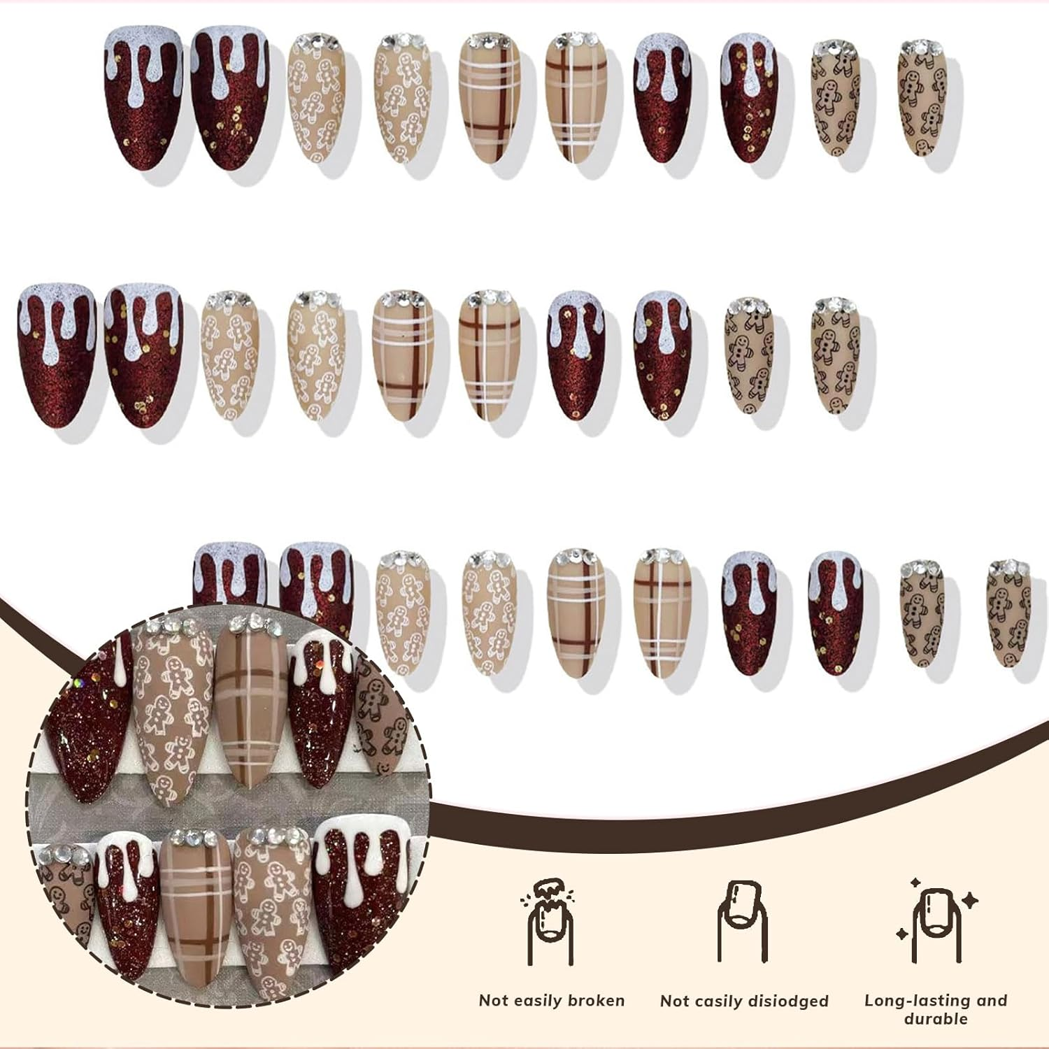Celblisora Pack of 30 Artificial Christmas Nails, Almond Shape, Coffee Striped, Snowman Christmas Nails, Cute Gingerbread Stick-On Nails, Brown Checked image number 2