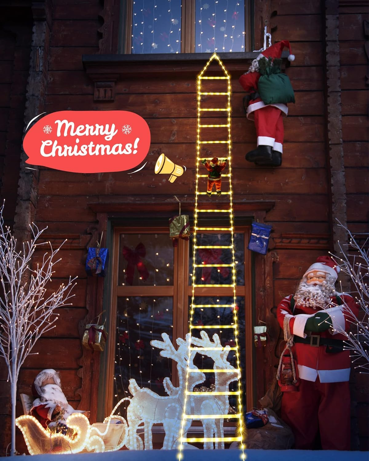 Warm White Christmas Decorations LED Ladder Light with Climbing Santa Claus, 3M Outdoor Christmas Decorative Lights - 8 Modes Xmas Lights Tree for Home Holiday Wall Window Xmas Decor image number 4