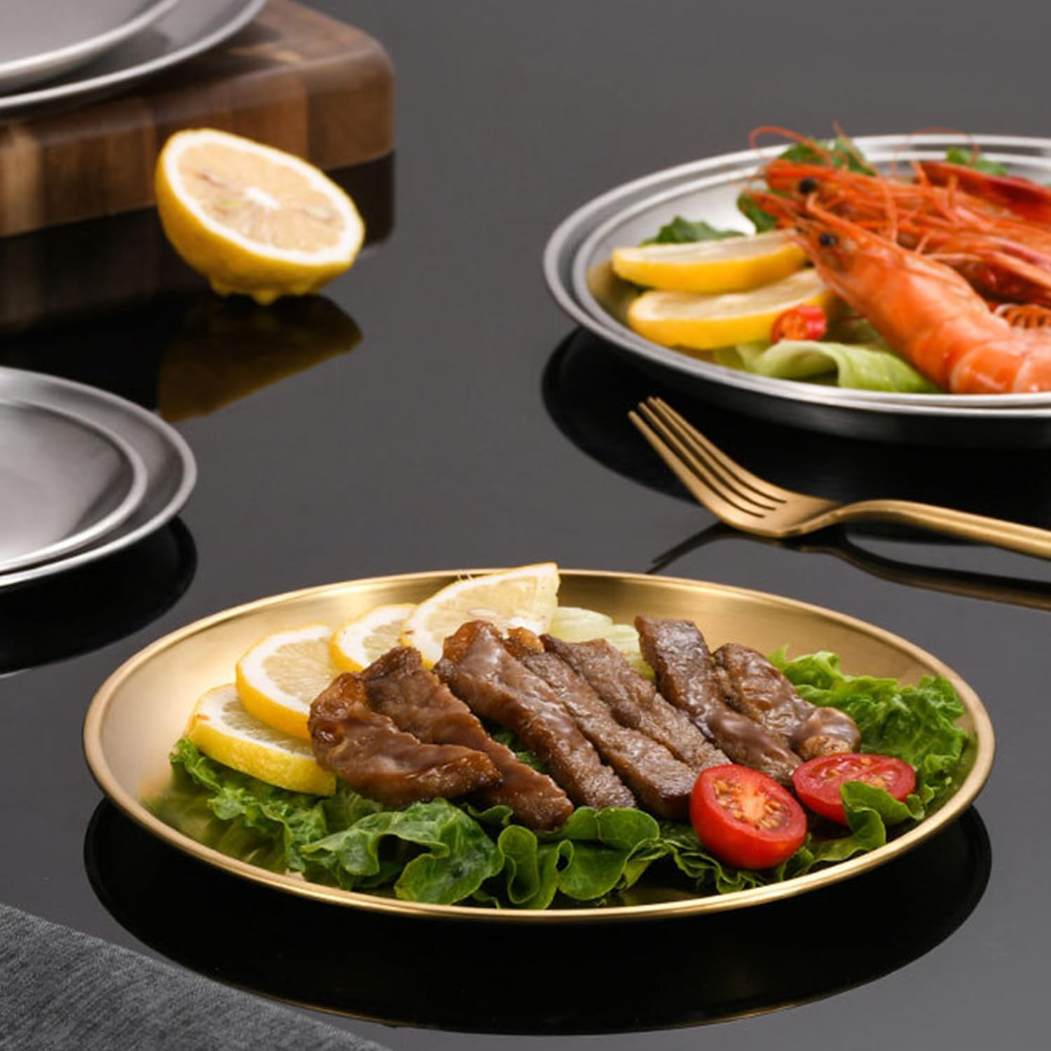 WANBY Stainless Steel Plates Gold Metal Dinner Plates Unbreakable Dinner Dishes Set for Kitchen Home Camping Outdoor Party BBQ (10Inch 4Pcs) image number 3