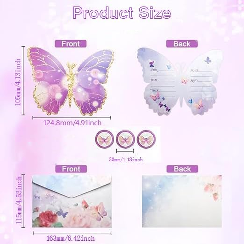 German Birthday Invitations, 12PCS Butterfly Party Cards with Fancy Envelopes and Seal Stickers, Kids Party Invitations with Stickers