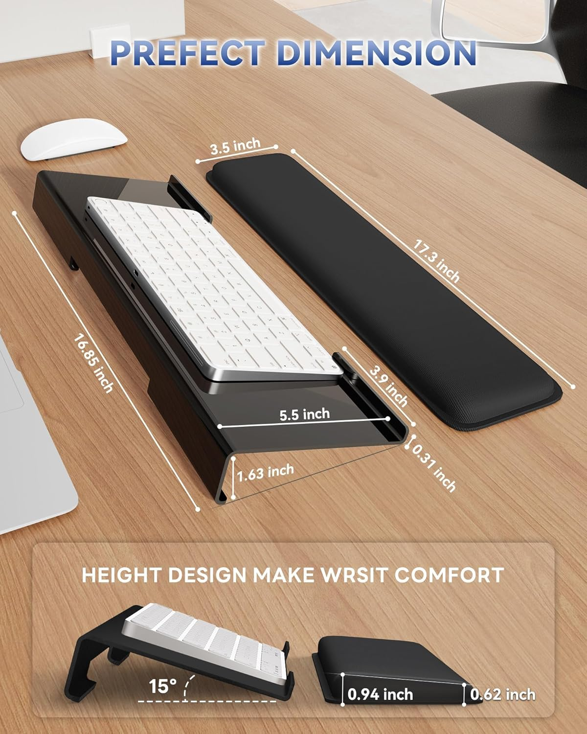 Computer Keyboard Stand with Wrist Rest - Ergonomic Keyboard Wrist Rest with Anti-Slip Base for Office Desk, Home, School (Black) image number 2