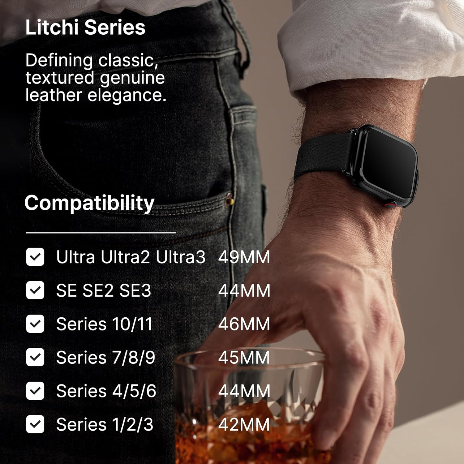 Fullmosa Compatible for Apple Watch Band 49Mm 46Mm 45Mm 44Mm 42Mm,Lychee-Textured Premium Real Leather Apple Watch Strap for Iwatch Ultra Se&Series 11 10 9 8 7 6 5 4 3 2 1, Black image number 4