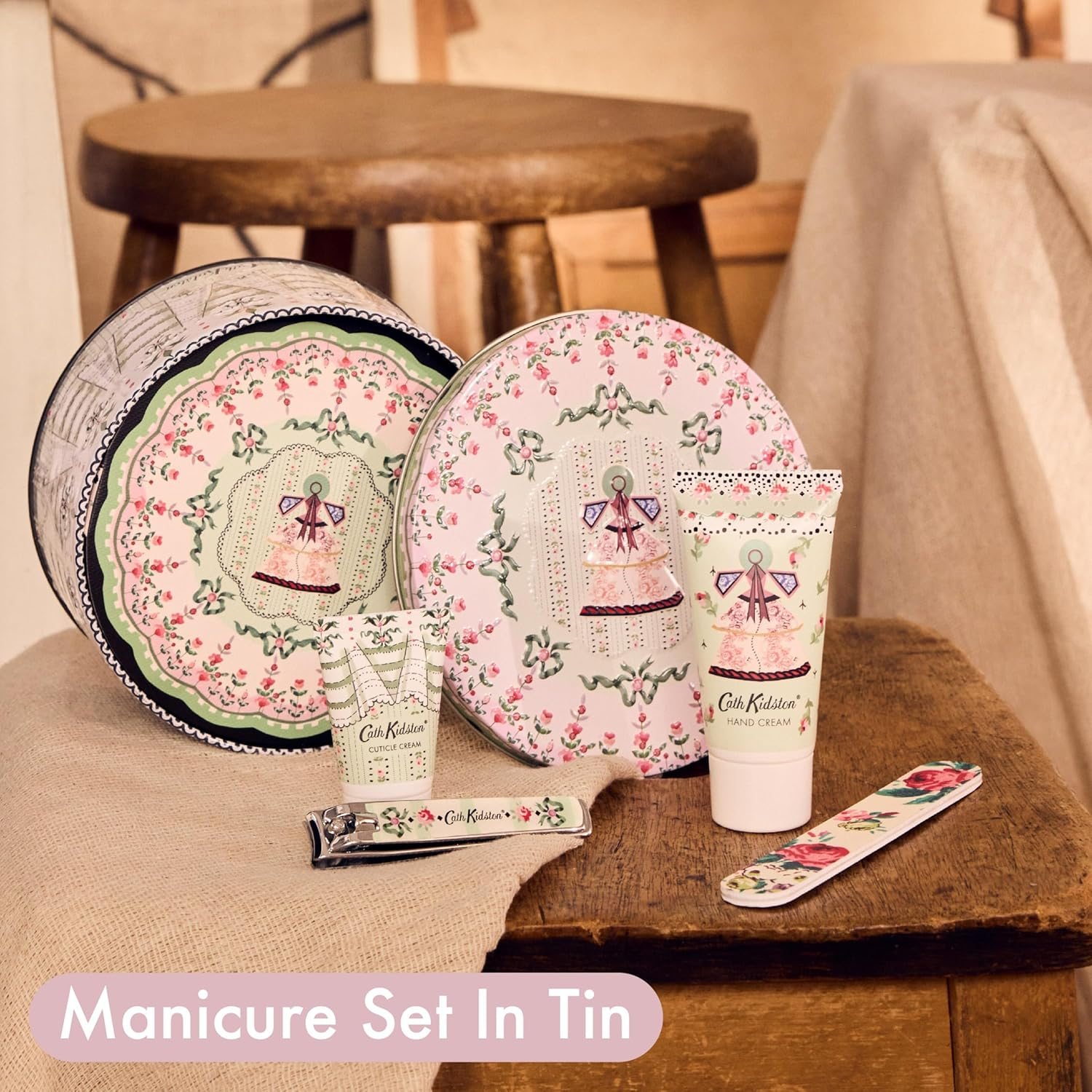 Cath Kidston Manicure Set with Hand Cream 30Ml, Cuticle Cream 15Ml, Emery Board and Nail Clippers in Tin, Travel Size Hand Care Essentials, Beauty Gift for Her, Cruelty Free and Vegan Friendly image number 2